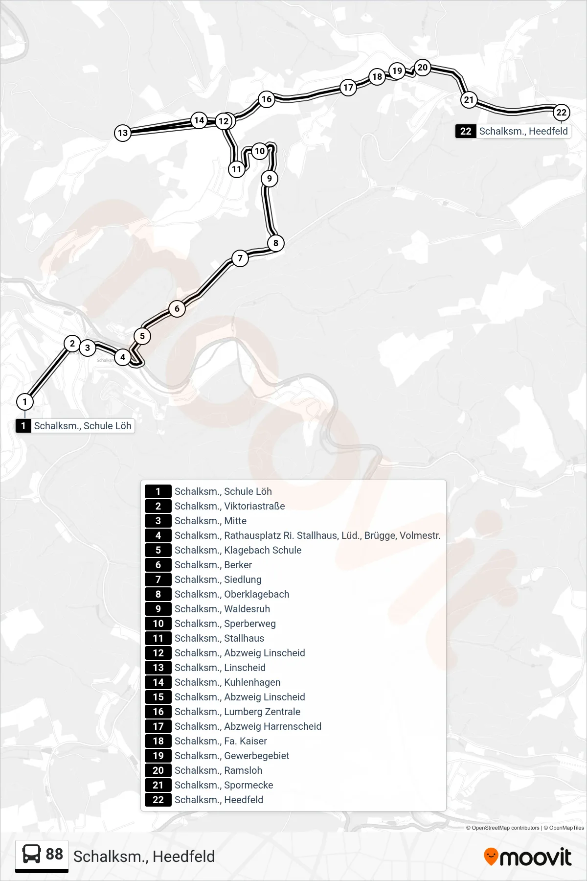 88 bus Line (Schalksm., Heedfeld) route and stops on a map