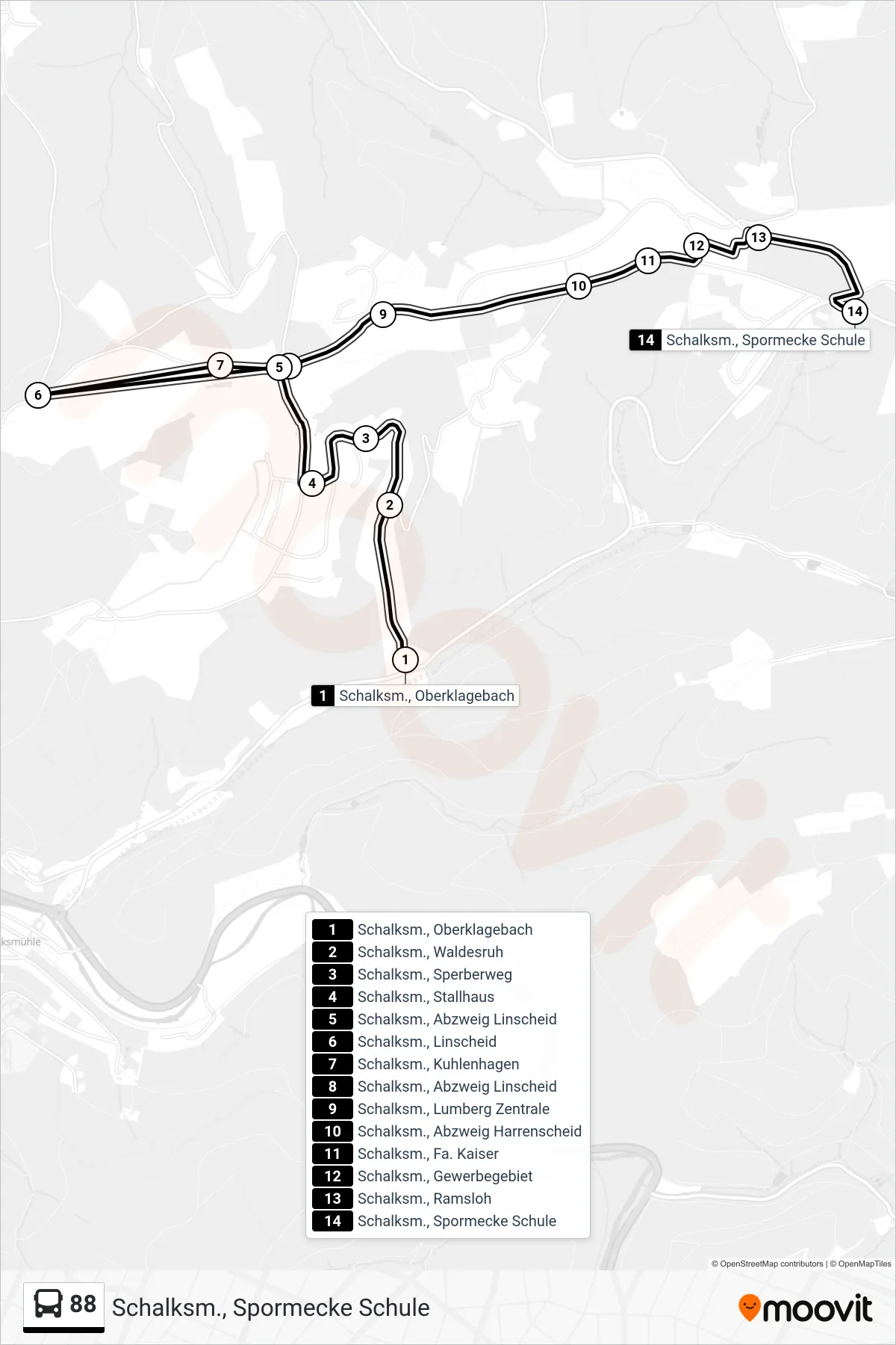 88 bus Line (Schalksm., Spormecke Schule) route and stops on a map