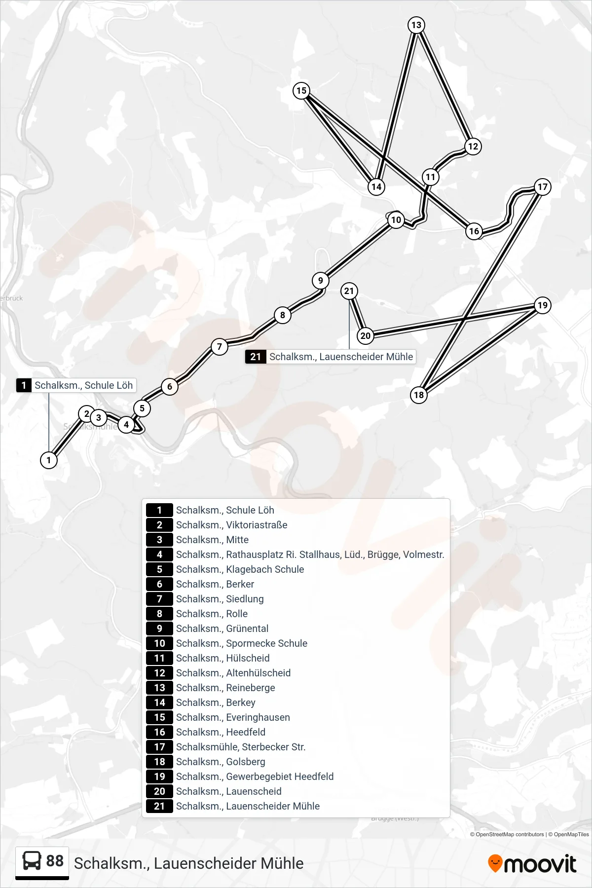 Linie 88 (Bus) Richtung Schalksm., Lauenscheider Mühle: Route und Haltestellen auf der Karte