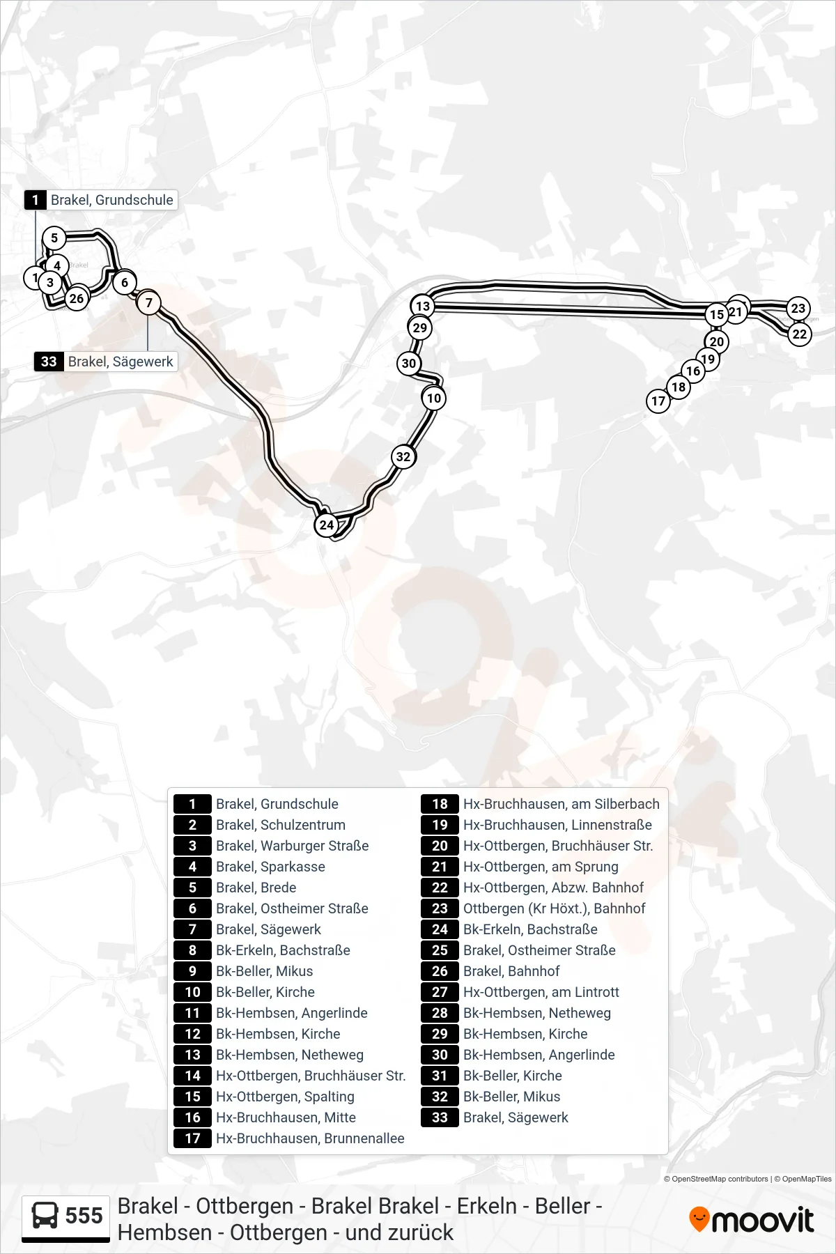 Linie 555 (Bus) Richtung Brakel, Bahnhof: Route und Haltestellen auf der Karte