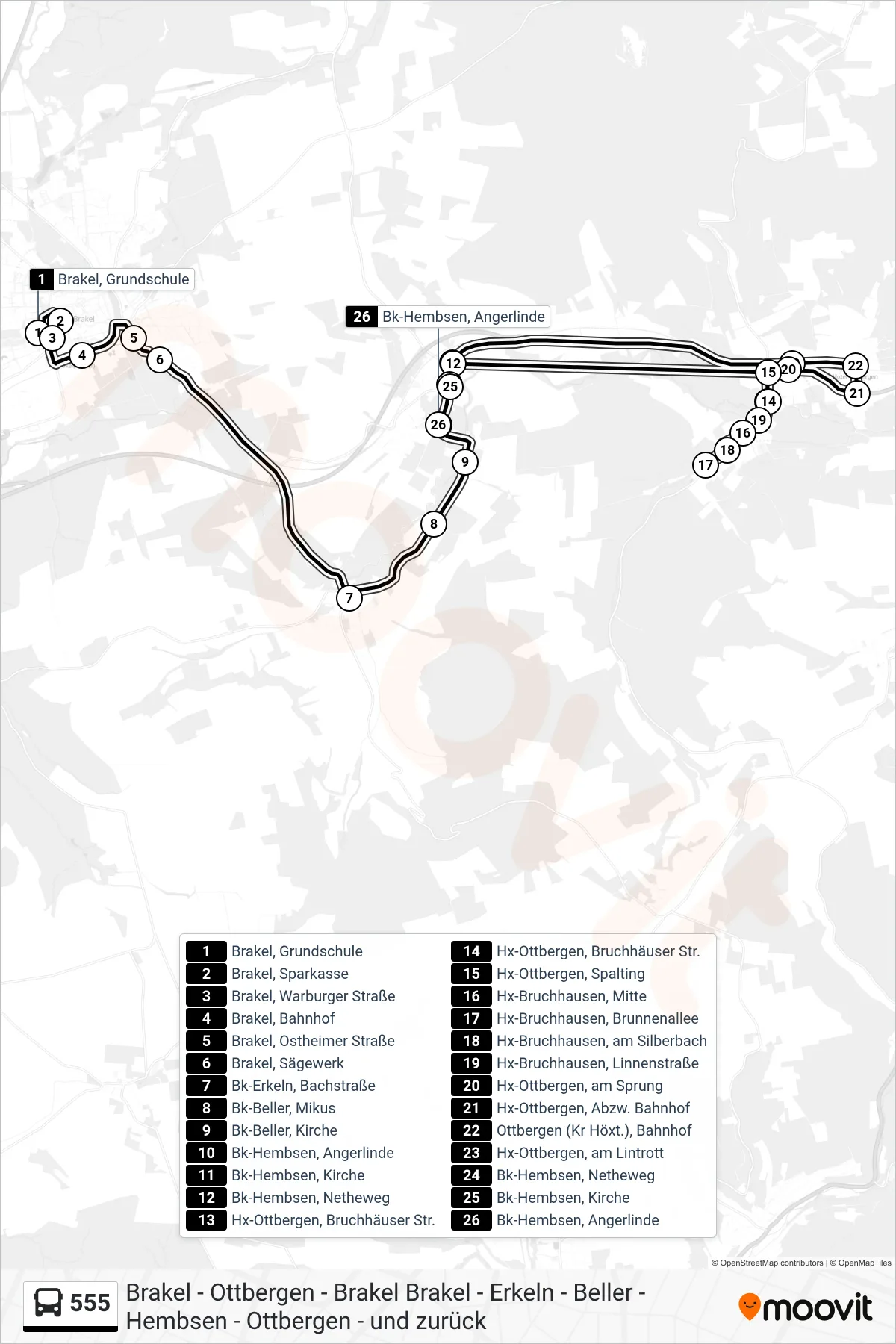 555 bus Line (Bk-Hembsen, Angerlinde) route and stops on a map
