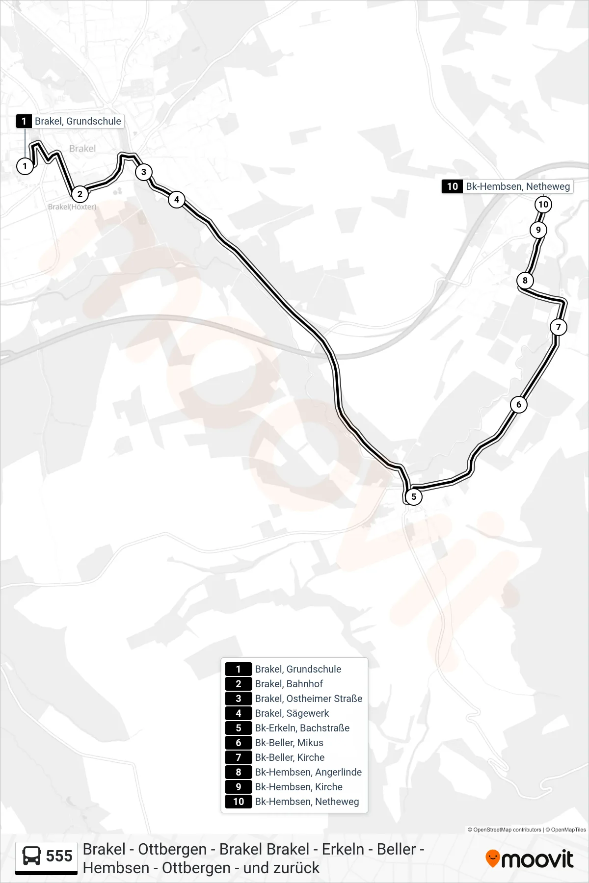 555 bus Line (Bk-Hembsen, Netheweg) route and stops on a map