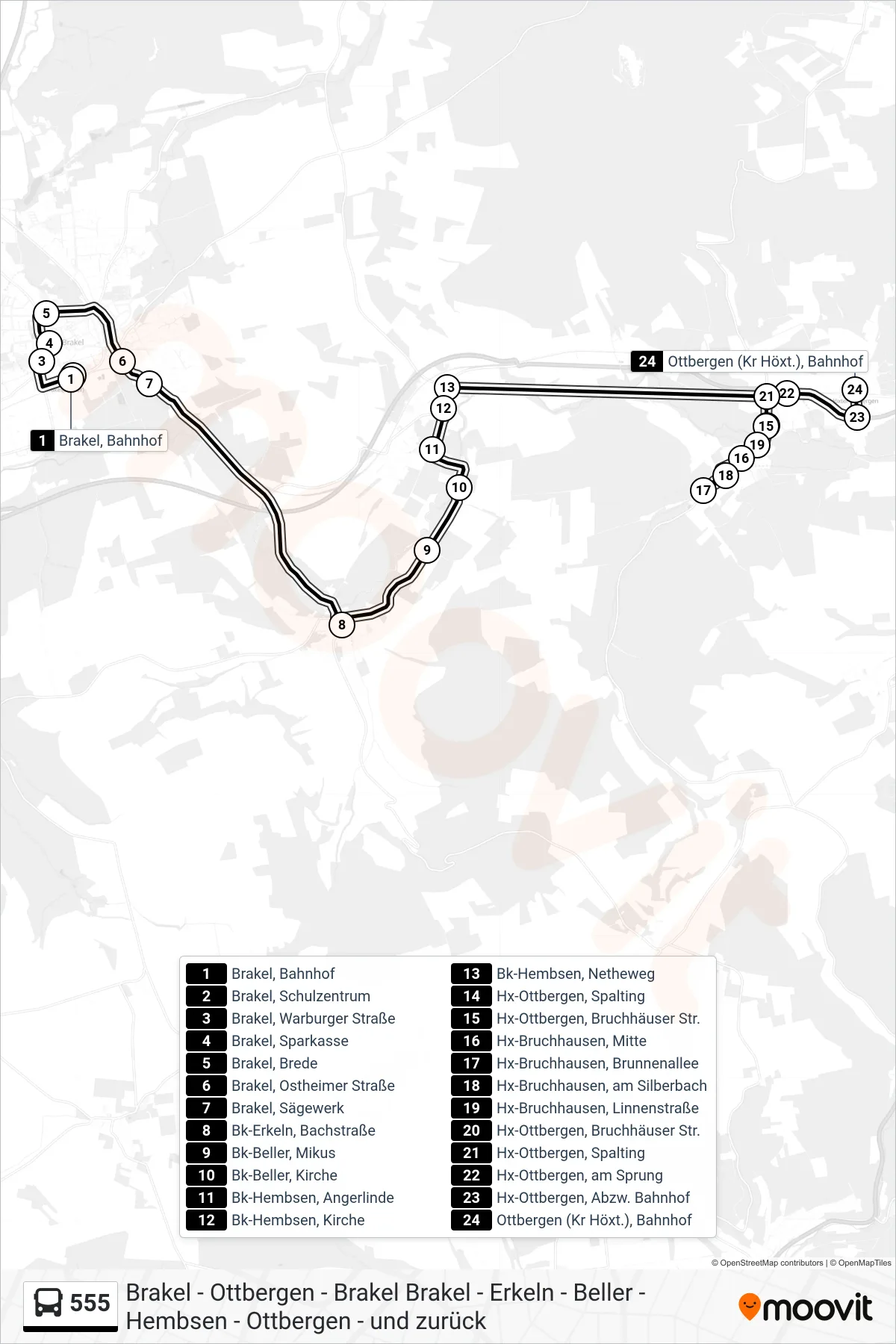 555 bus Line (Ottbergen (Kr Höxt.), Bahnhof) route and stops on a map