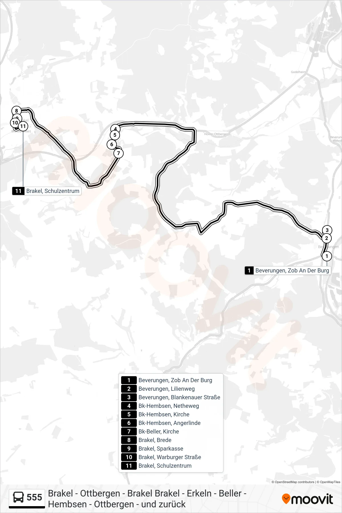 Linie 555 (Bus) Richtung Brakel, Schulzentrum: Route und Haltestellen auf der Karte