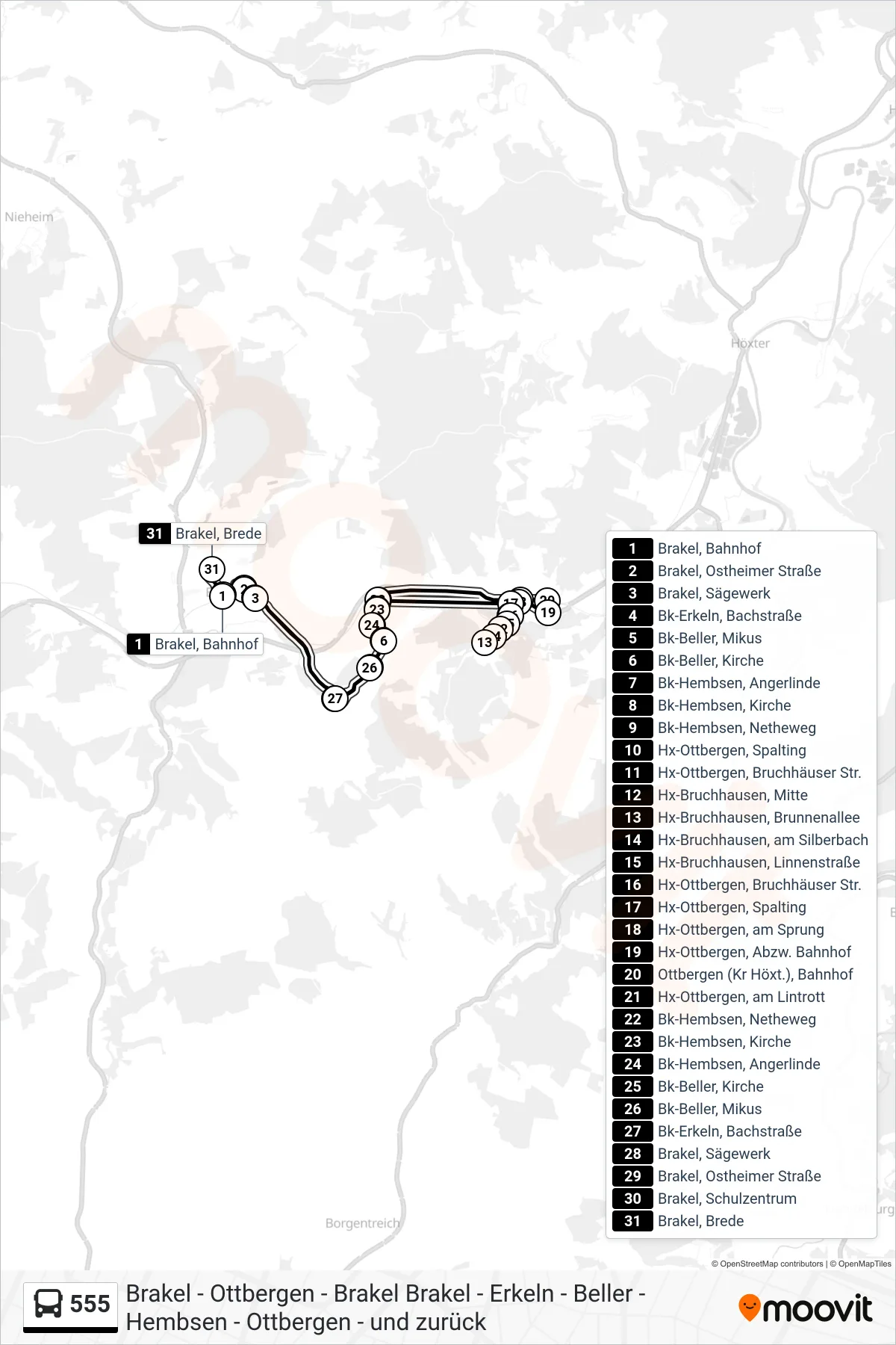 Linie 555 (Bus) Richtung Brakel, Brede: Route und Haltestellen auf der Karte