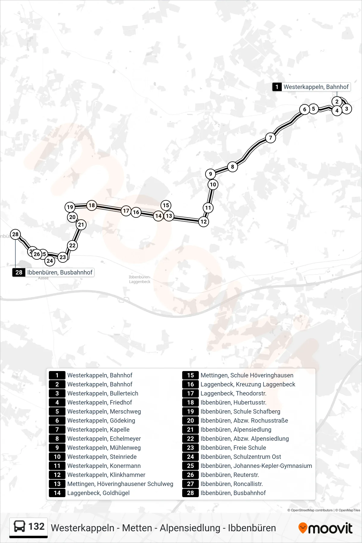 132 bus Line (Ibbenbüren, Busbahnhof) route and stops on a map