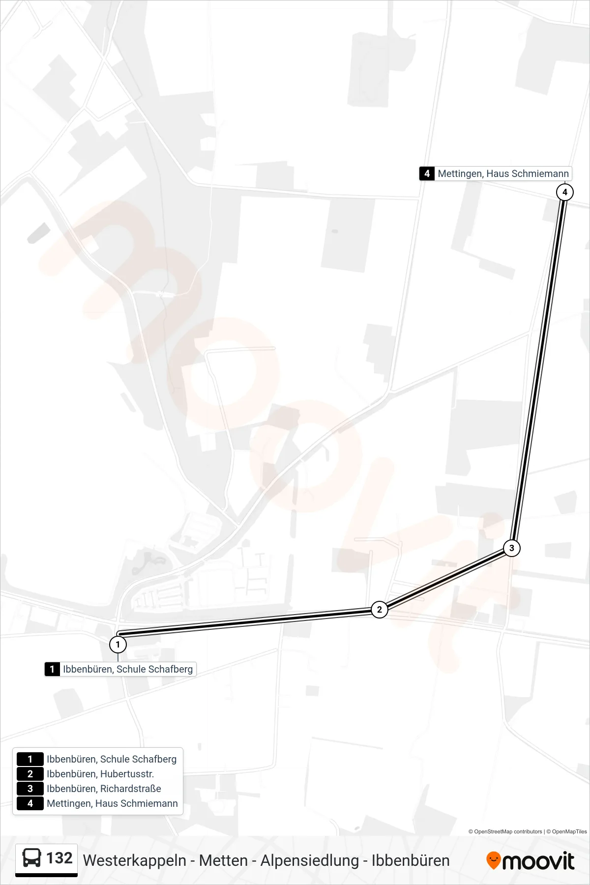 Linie 132 (Bus) Richtung Mettingen, Haus Schmiemann: Route und Haltestellen auf der Karte
