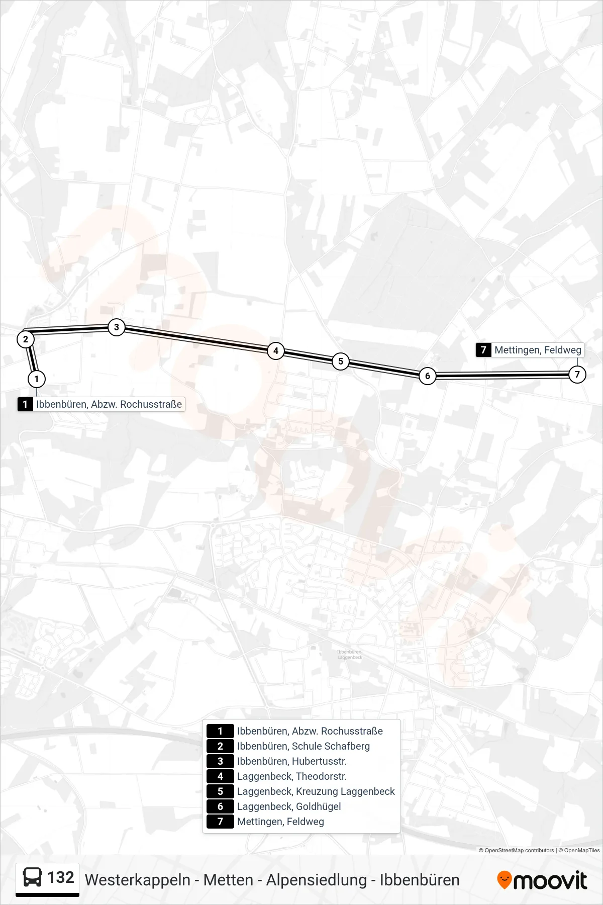 132 bus Line (Mettingen, Feldweg) route and stops on a map