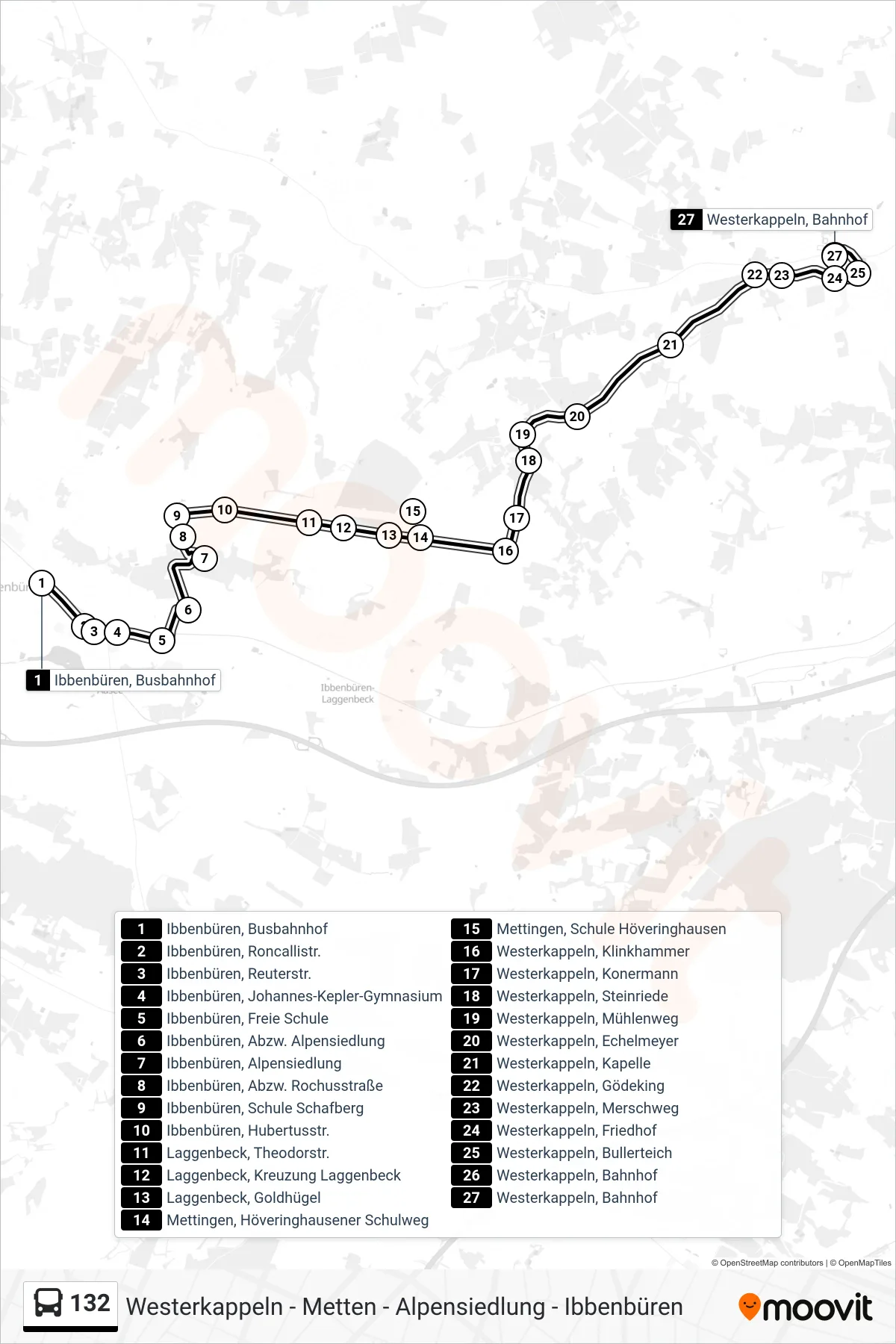 Linie 132 (Bus) Richtung Westerkappeln, Bahnhof: Route und Haltestellen auf der Karte