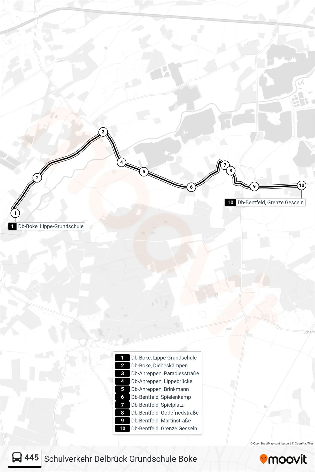 445 bus Line (Db-Bentfeld, Grenze Gesseln) route and stops on a map