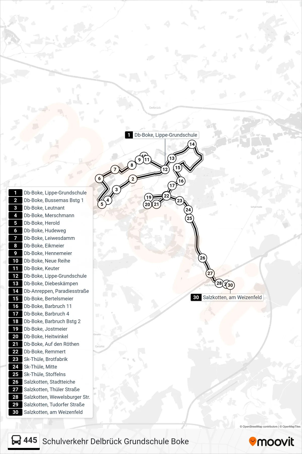 Linie 445 (Bus) Richtung Salzkotten, am Weizenfeld: Route und Haltestellen auf der Karte