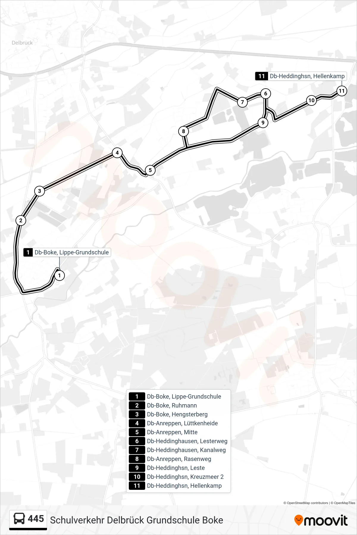 Linie 445 (Bus) Richtung Db-Heddinghsn, Hellenkamp: Route und Haltestellen auf der Karte