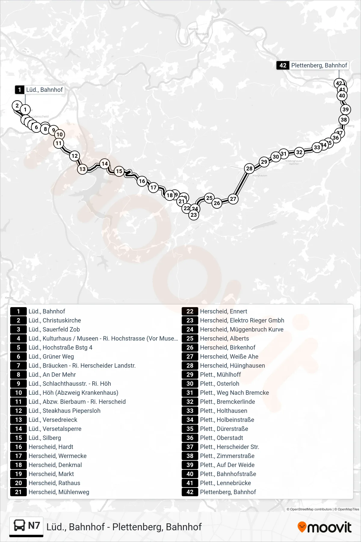 N7 bus Line (Plettenberg, Bahnhof) route and stops on a map
