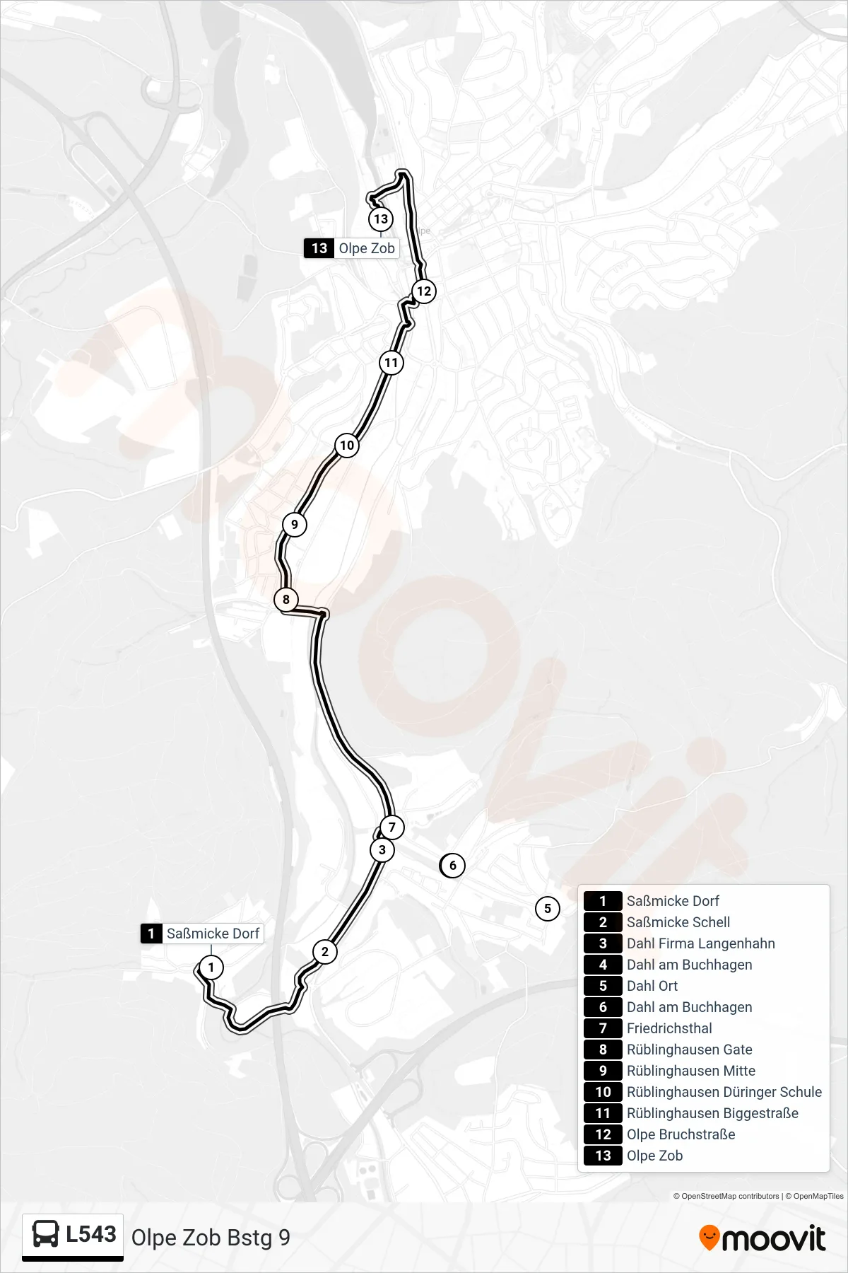 L543 bus Line (Olpe Zob Bstg 9) route and stops on a map