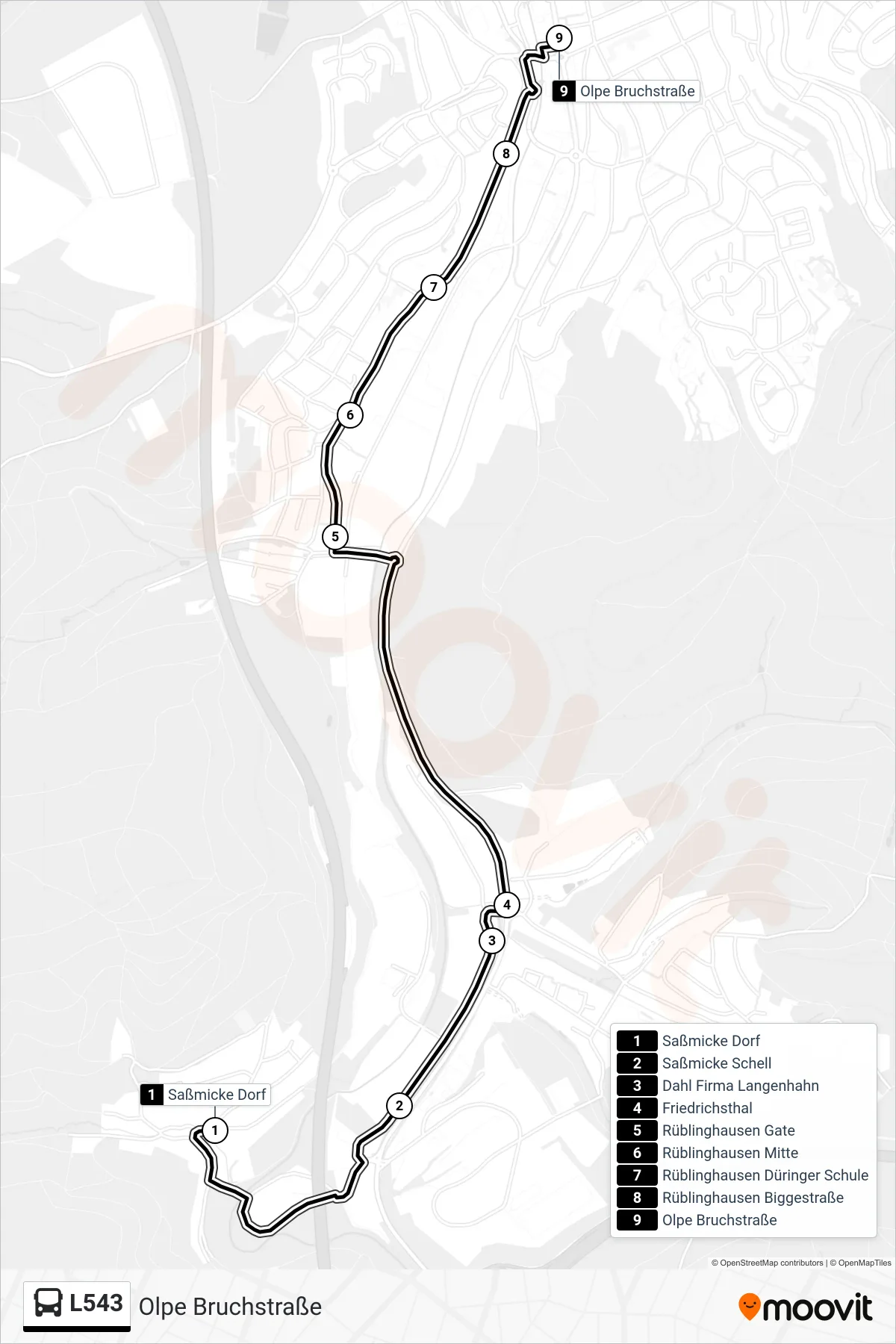 L543 bus Line (Olpe Bruchstraße) route and stops on a map