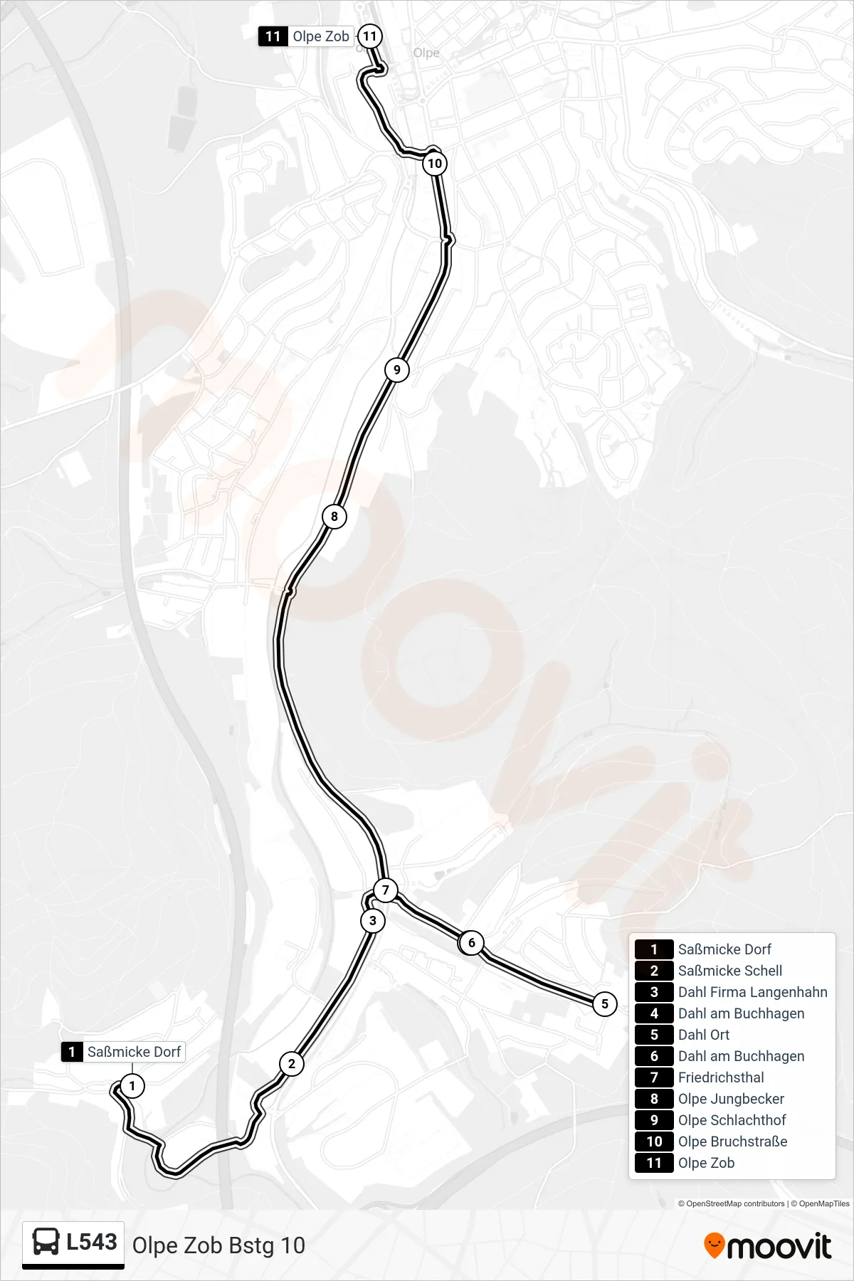 Linie L543 (Bus) Richtung Olpe Zob Bstg 10: Route und Haltestellen auf der Karte