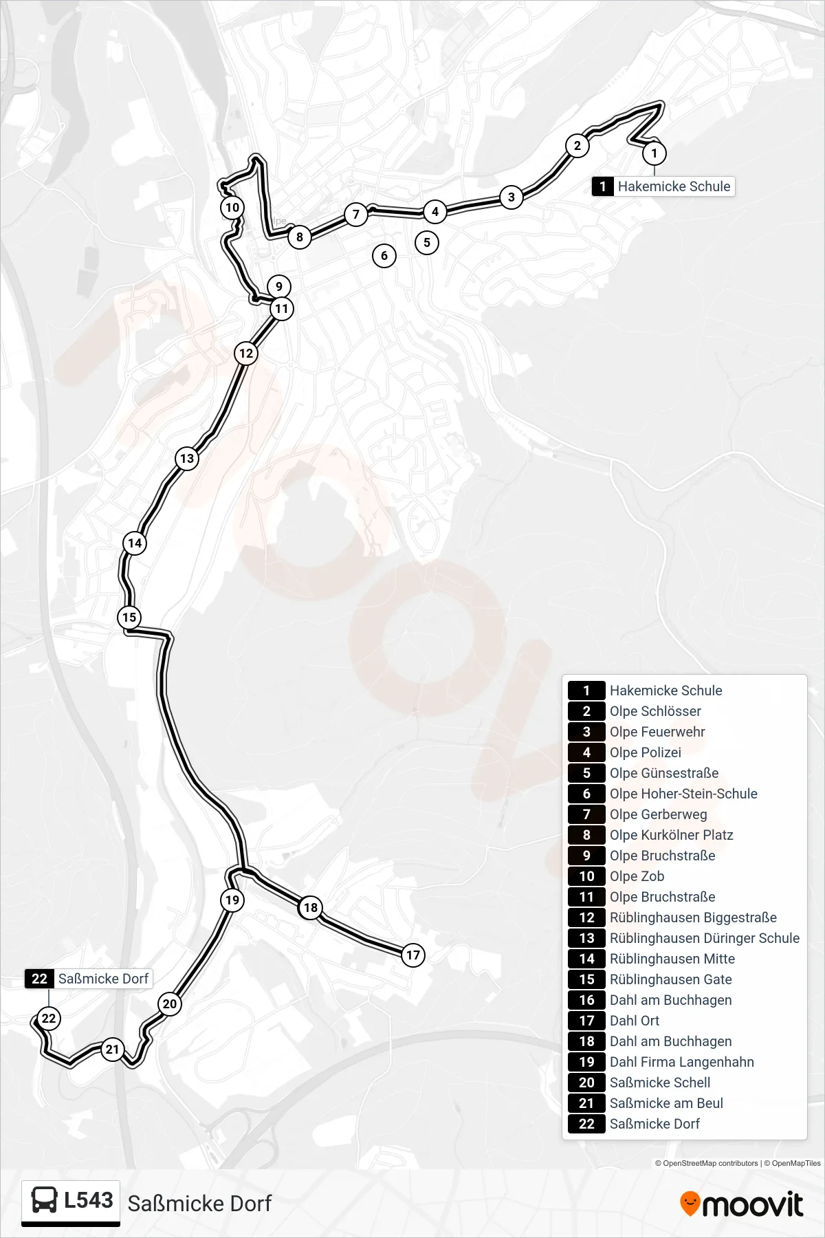 L543 bus Line (Saßmicke Dorf) route and stops on a map