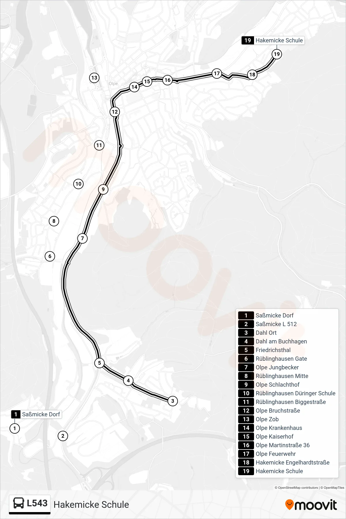 L543 bus Line (Hakemicke Schule) route and stops on a map