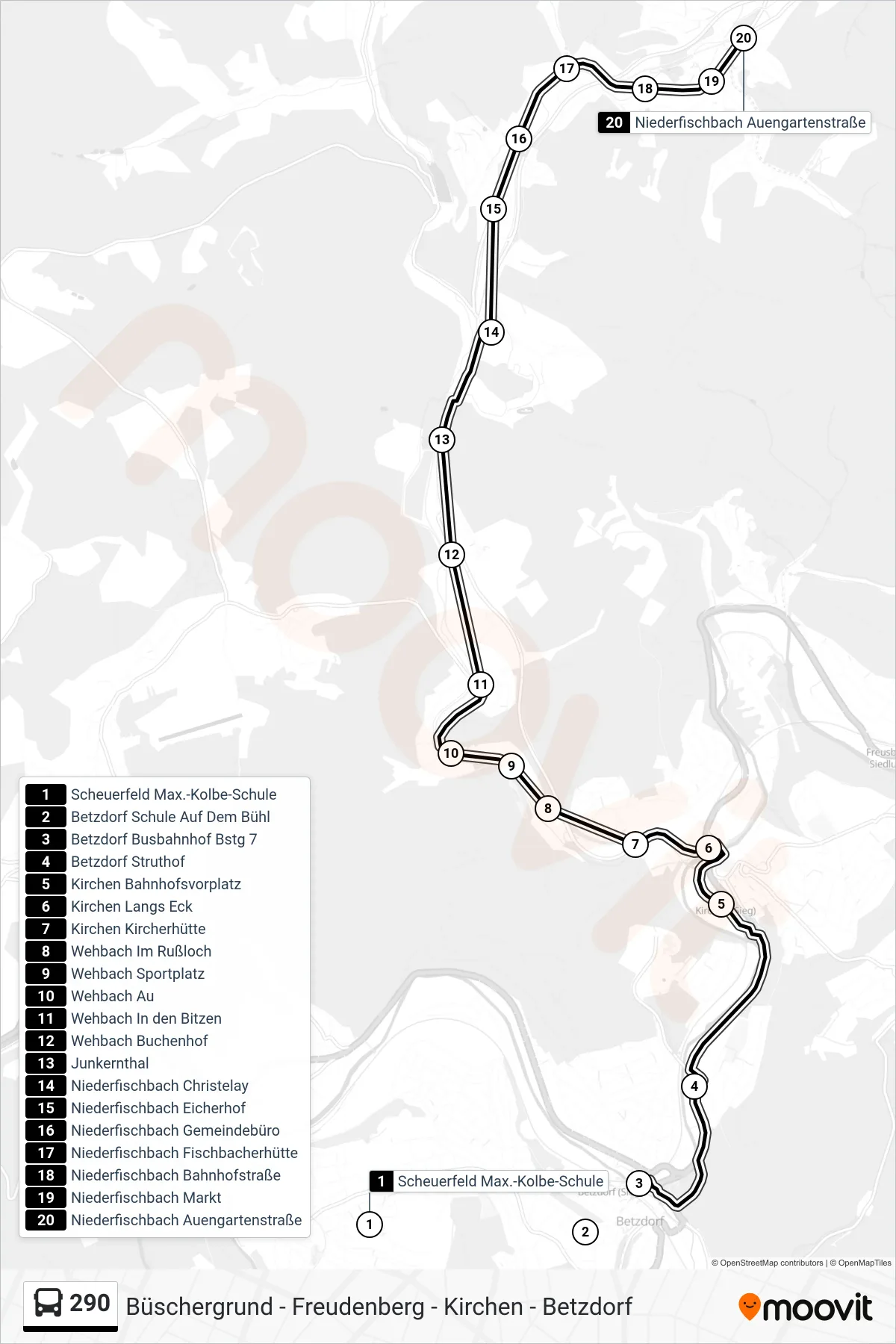 290 bus Line (Niederfischbach Auengartenstraße) route and stops on a map