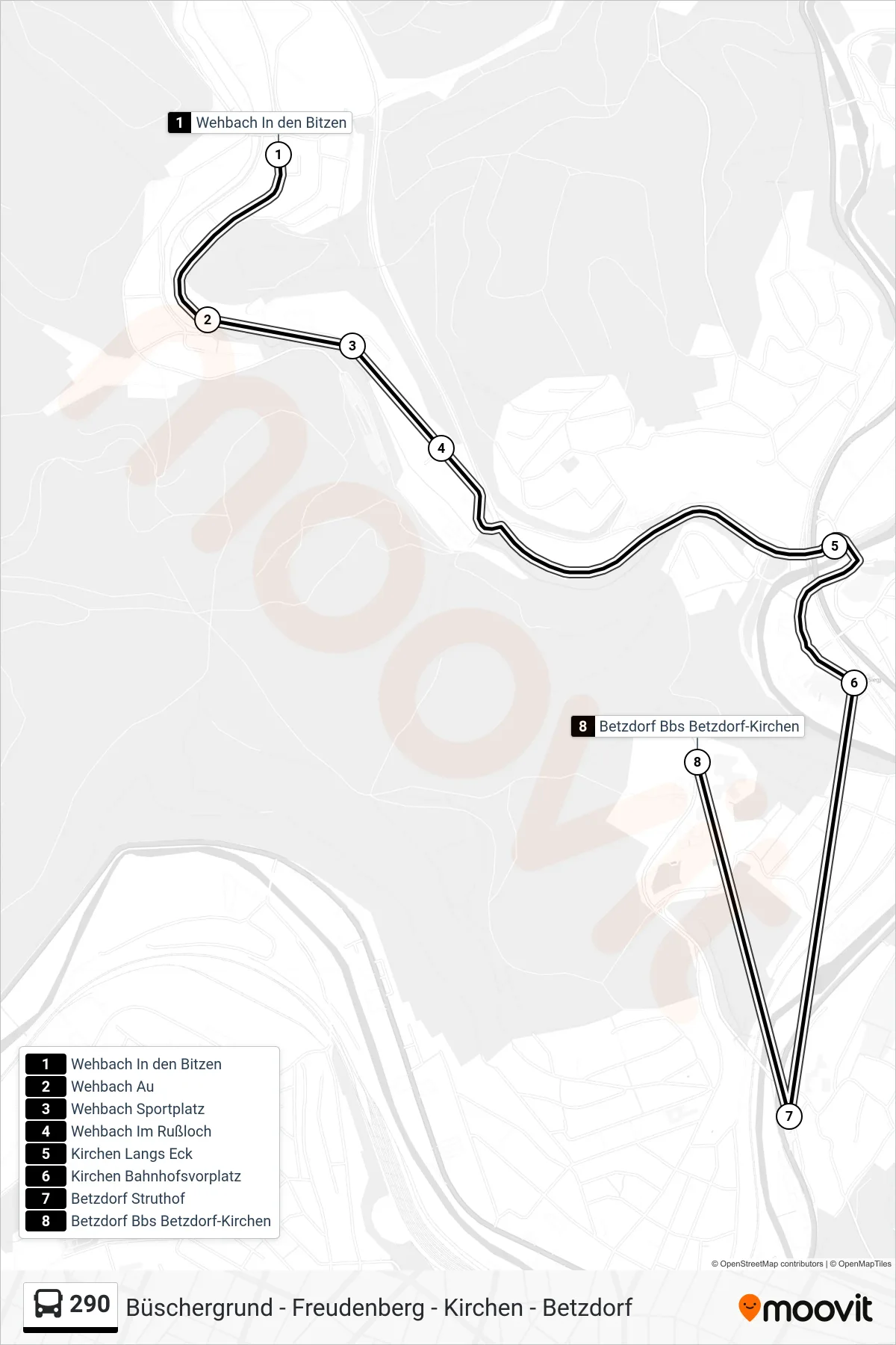 290 bus Line (Betzdorf Bbs Betzdorf-Kirchen) route and stops on a map