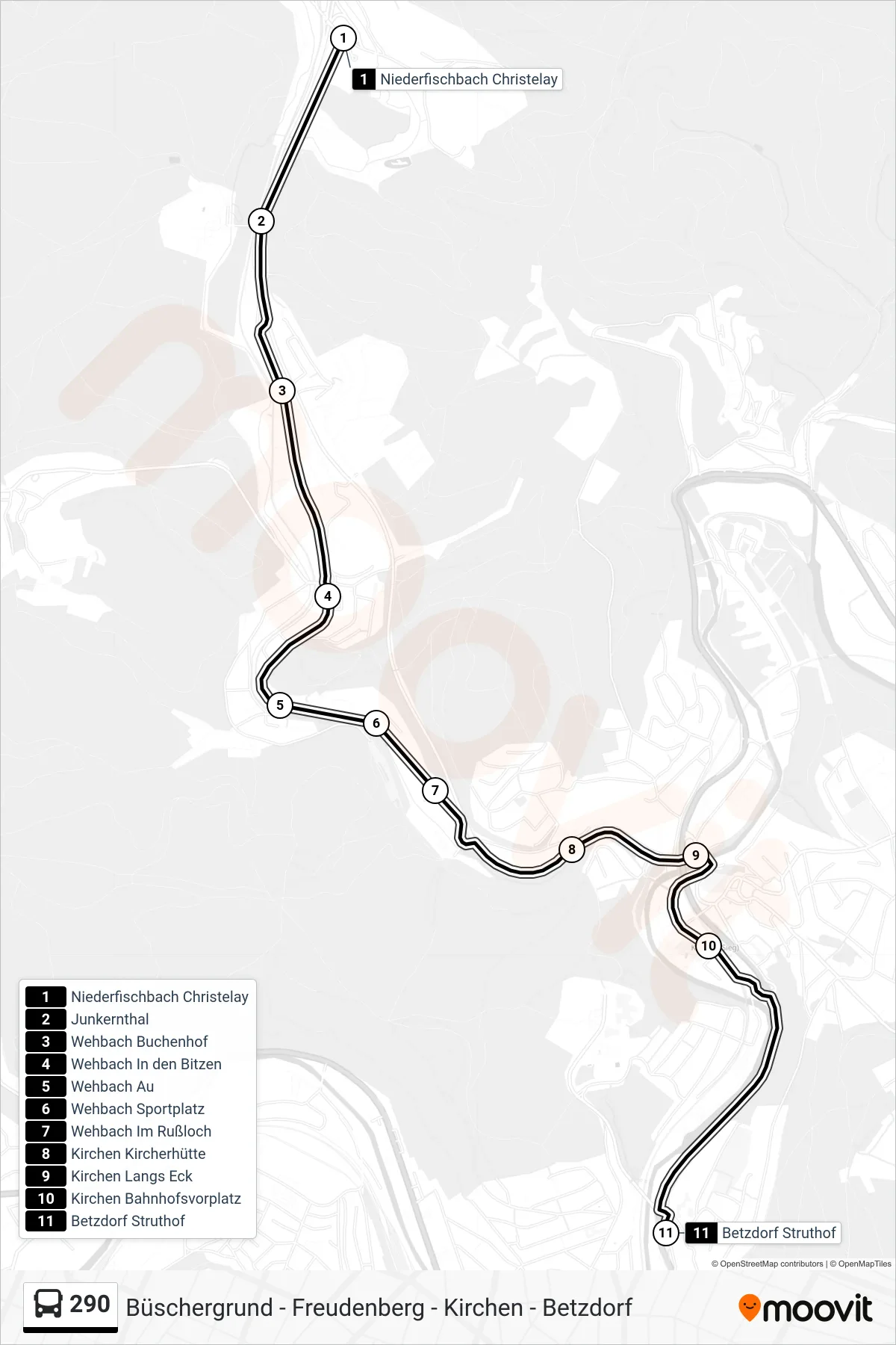 Linie 290 (Bus) Richtung Betzdorf Struthof Bstg D: Route und Haltestellen auf der Karte