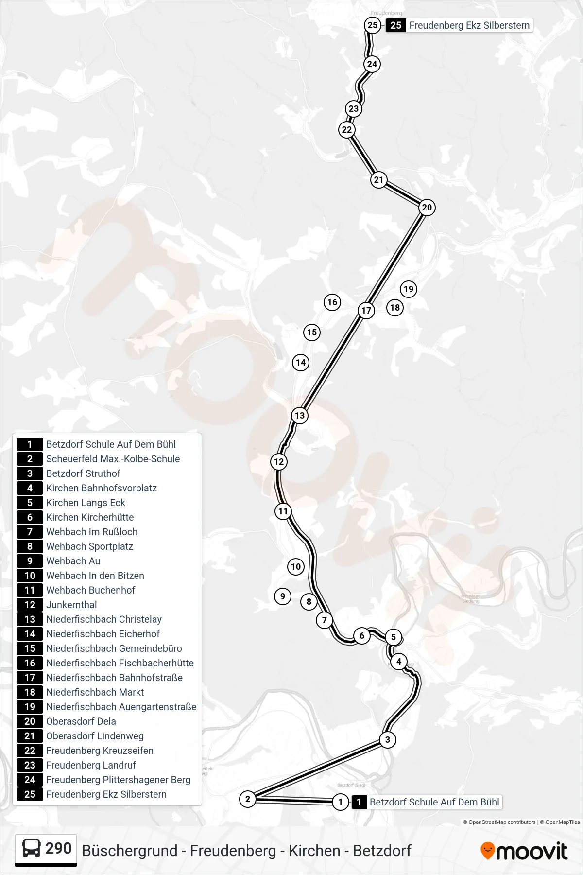 290 bus Line (Freudenberg Ekz Silberstern) route and stops on a map