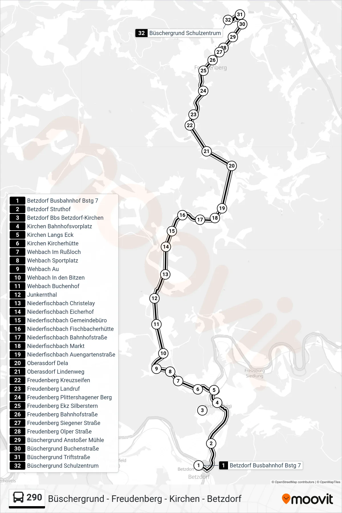 290 bus Line (Büschergrund Schulzentrum) route and stops on a map