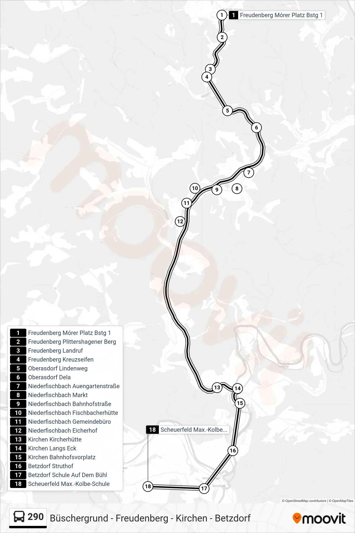 290 bus Line (Scheuerfeld Max.-Kolbe-Schule) route and stops on a map