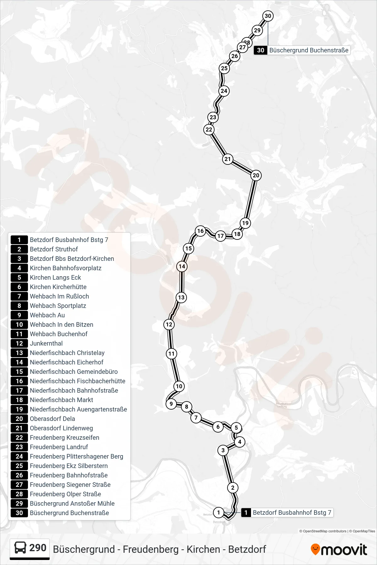 290 bus Line (Büschergrund Buchenstraße) route and stops on a map