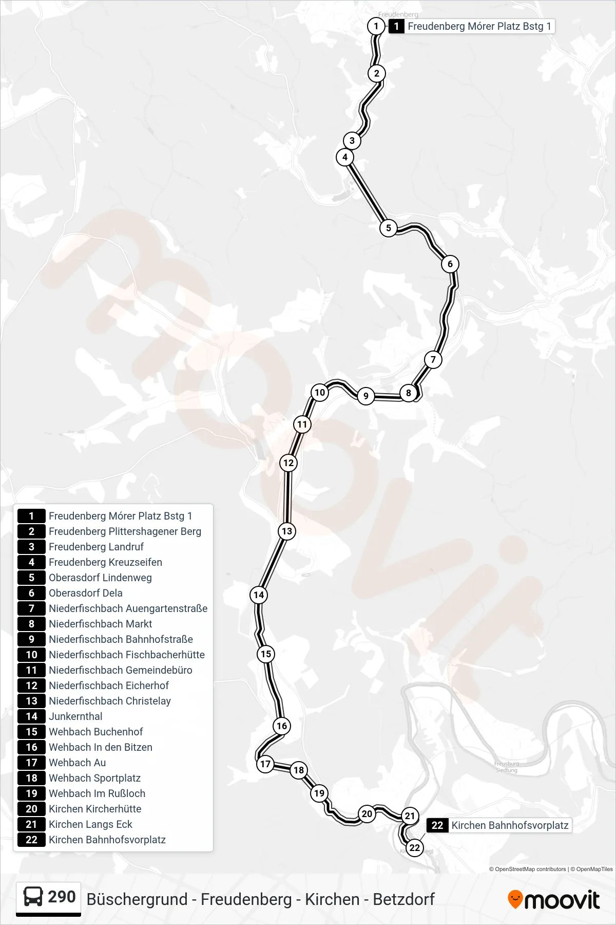 290 bus Line (Kirchen Bahnhofsvorplatz) route and stops on a map