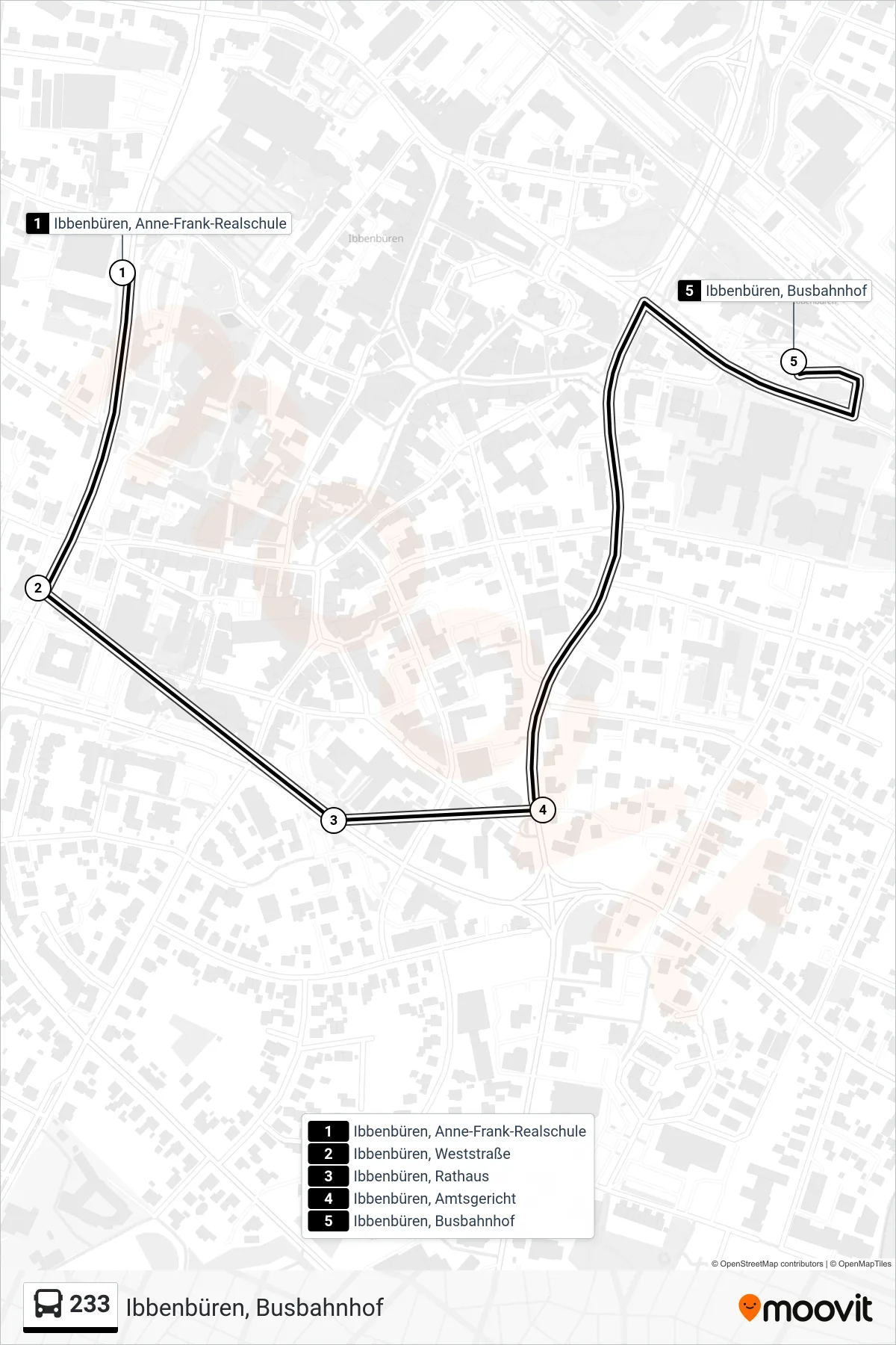 233 bus Line (Ibbenbüren, Busbahnhof) route and stops on a map