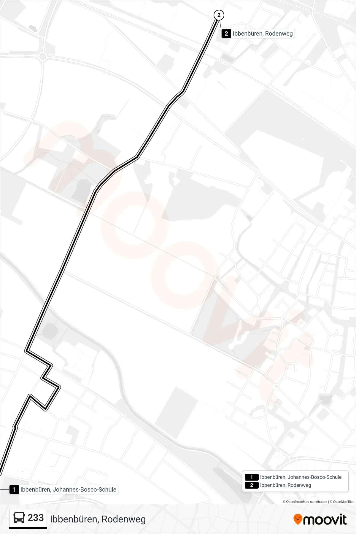 233 bus Line (Ibbenbüren, Rodenweg) route and stops on a map