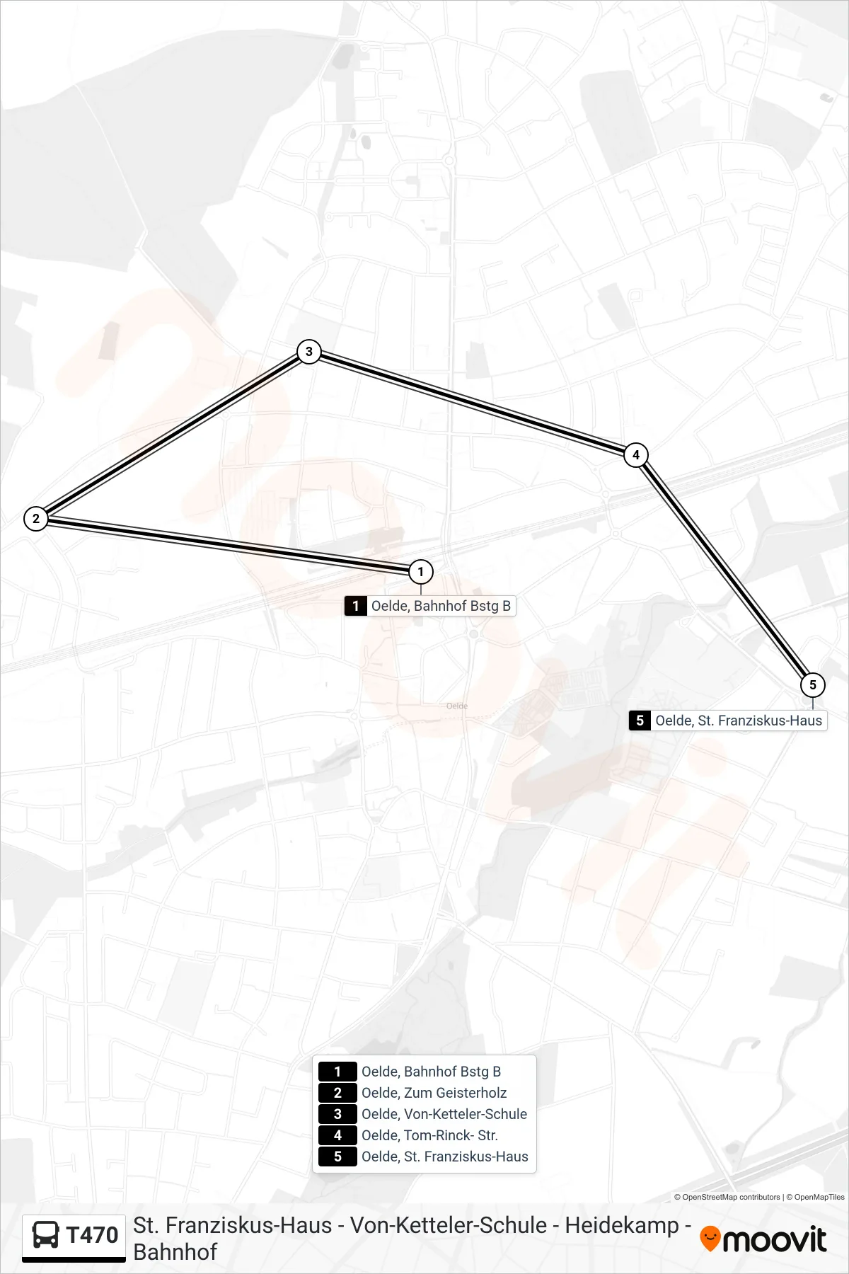 T470 bus Line (Oelde, St. Franziskus-Haus) route and stops on a map