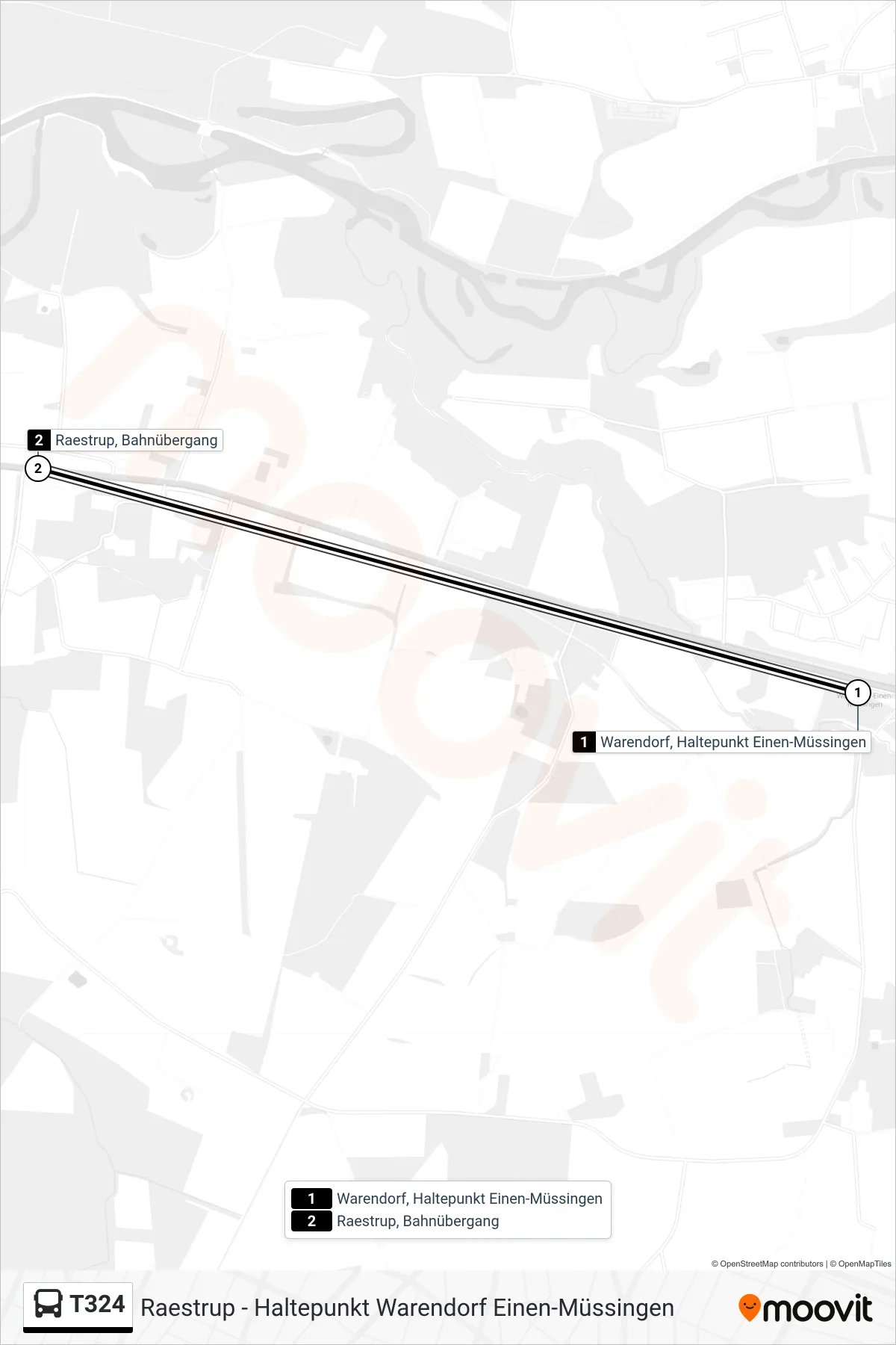 T324 bus Line (Raestrup, Bahnübergang) route and stops on a map