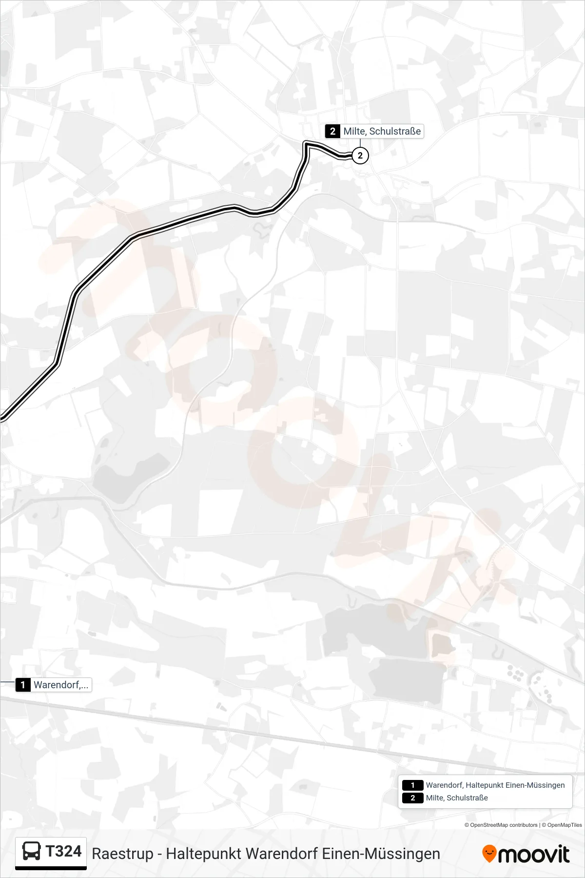 T324 bus Line (Milte, Schulstraße) route and stops on a map