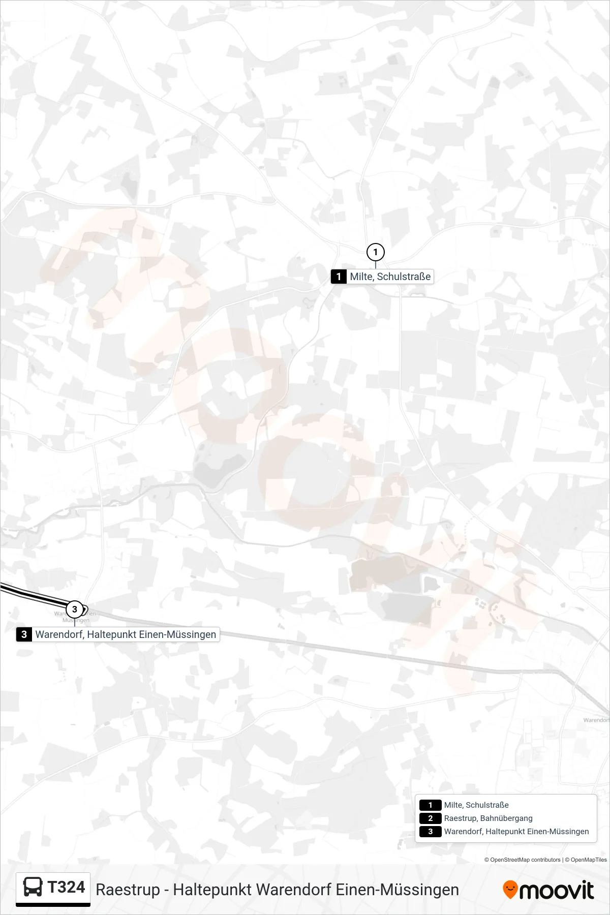 Linie T324 (Bus) Richtung Warendorf, Haltepunkt Einen-Müssingen: Route und Haltestellen auf der Karte