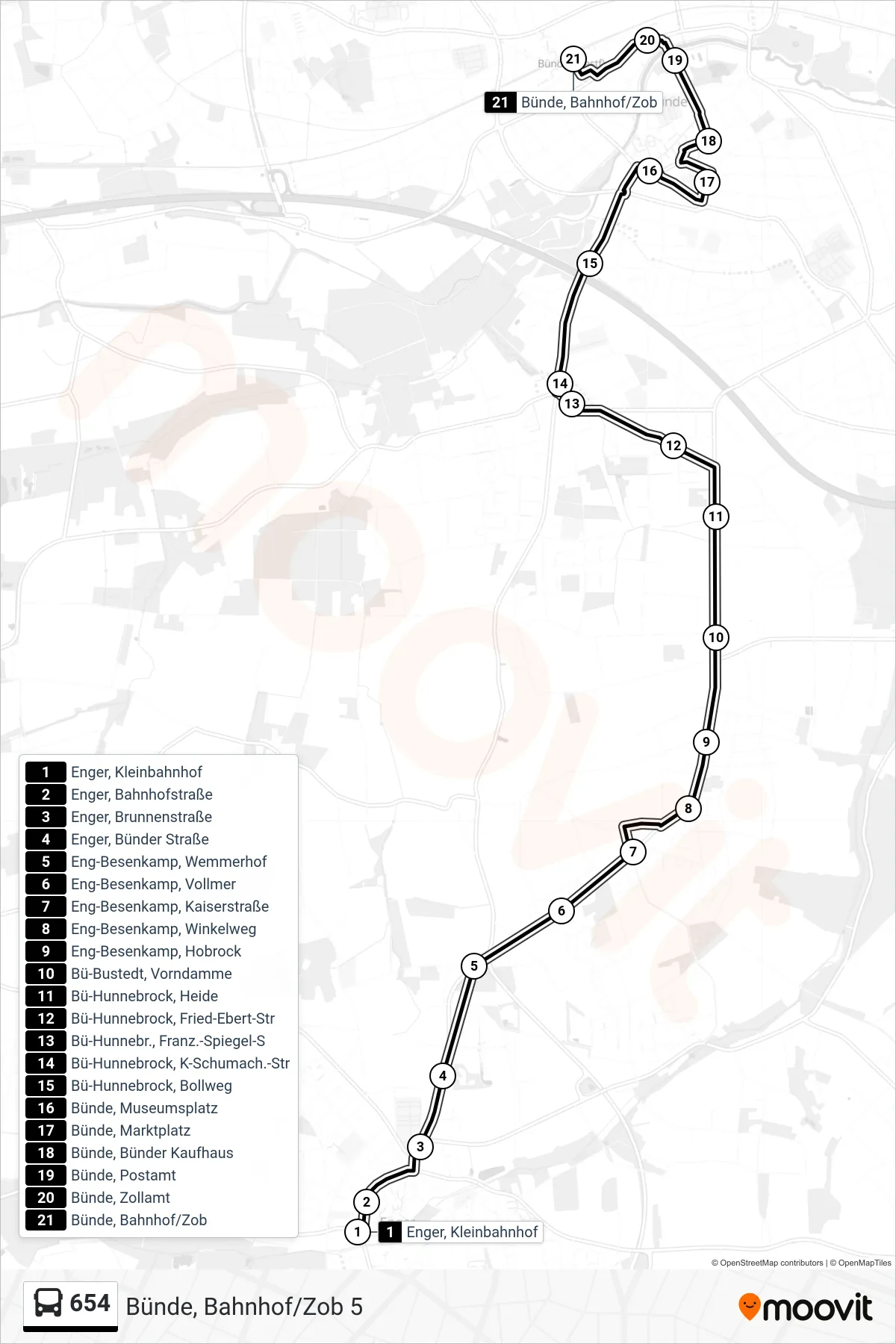 Linie 654 (Bus) Richtung Bünde, Bahnhof/Zob 5: Route und Haltestellen auf der Karte