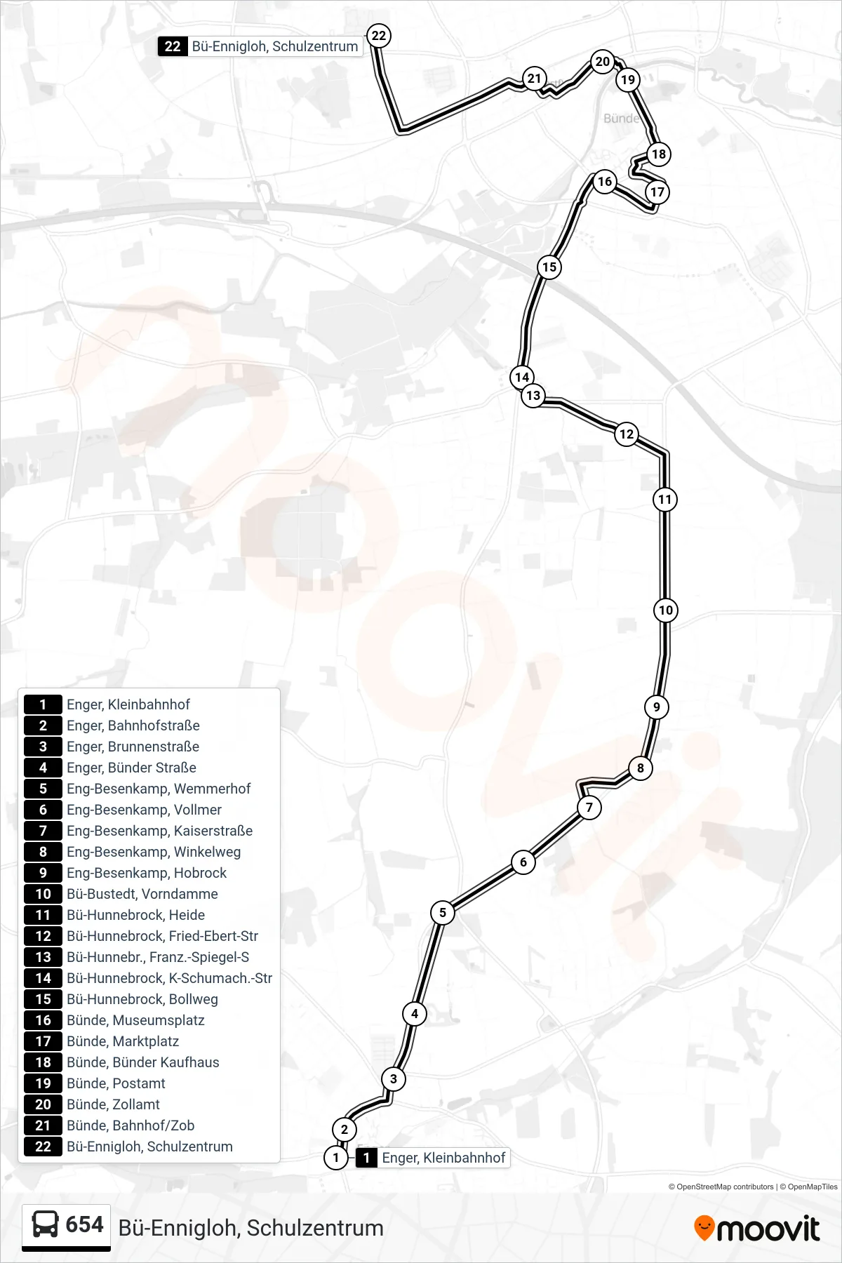 654 bus Line (Bü-Ennigloh, Schulzentrum) route and stops on a map