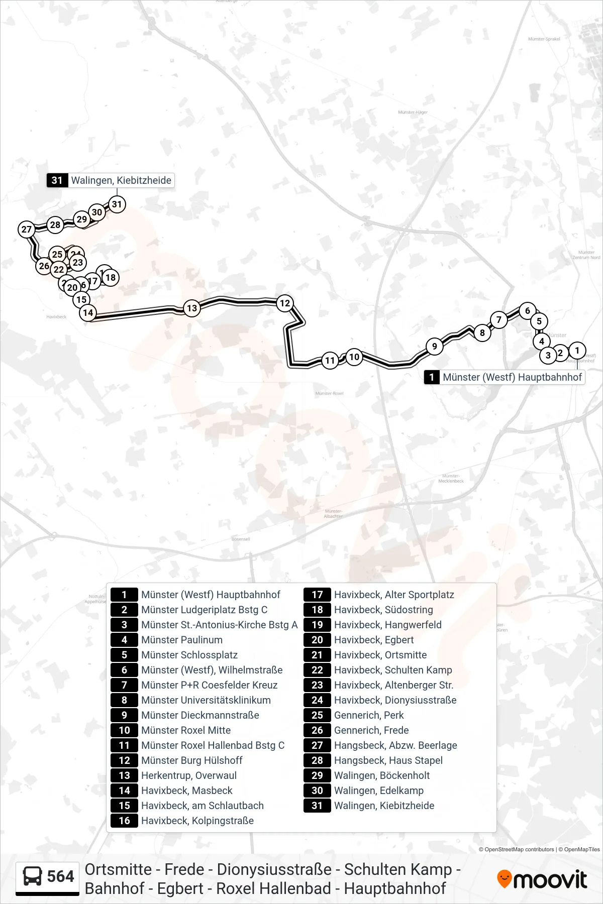 564 bus Line (Walingen, Kiebitzheide) route and stops on a map