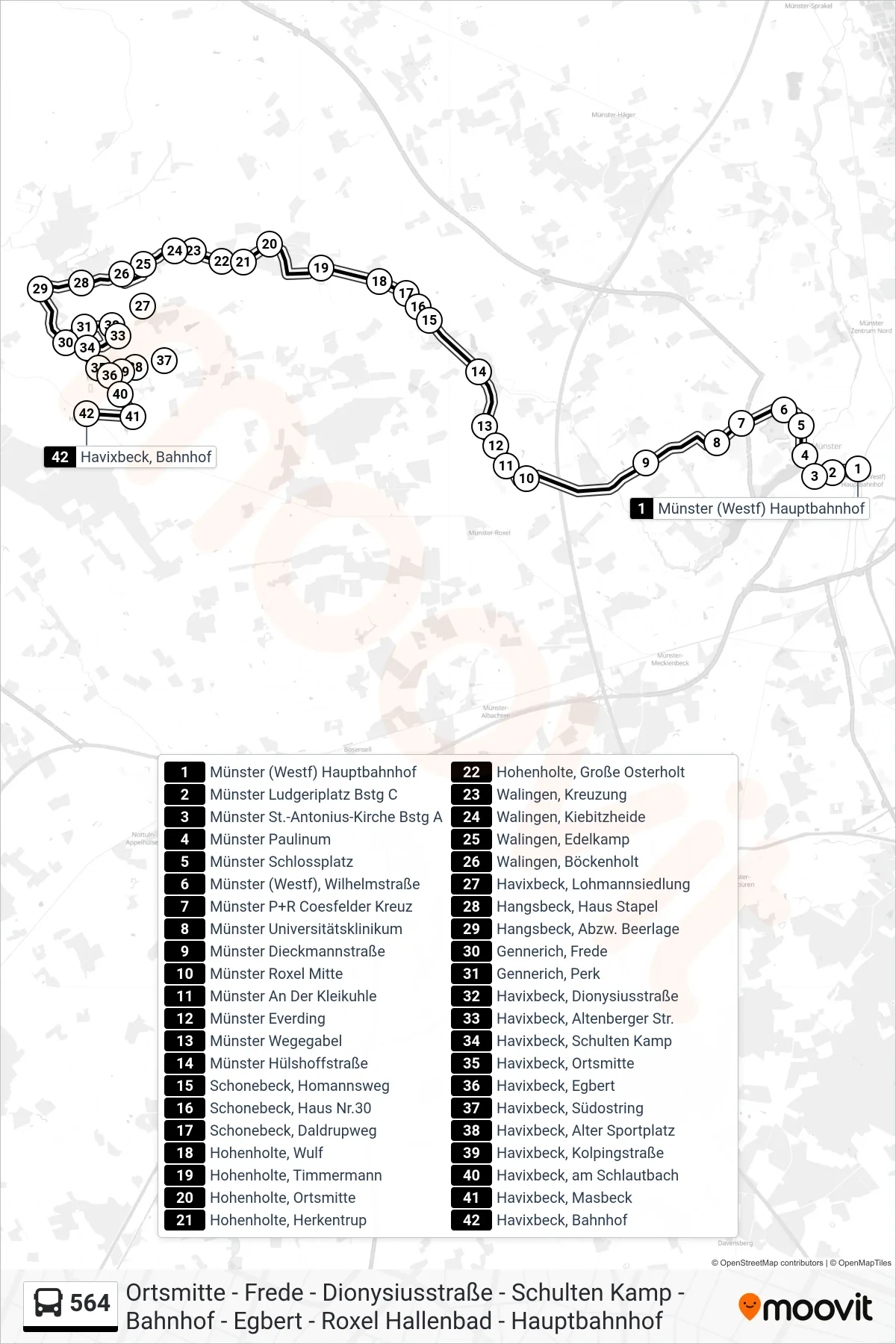 Linie 564 (Bus) Richtung Havixbeck, Bahnhof: Route und Haltestellen auf der Karte