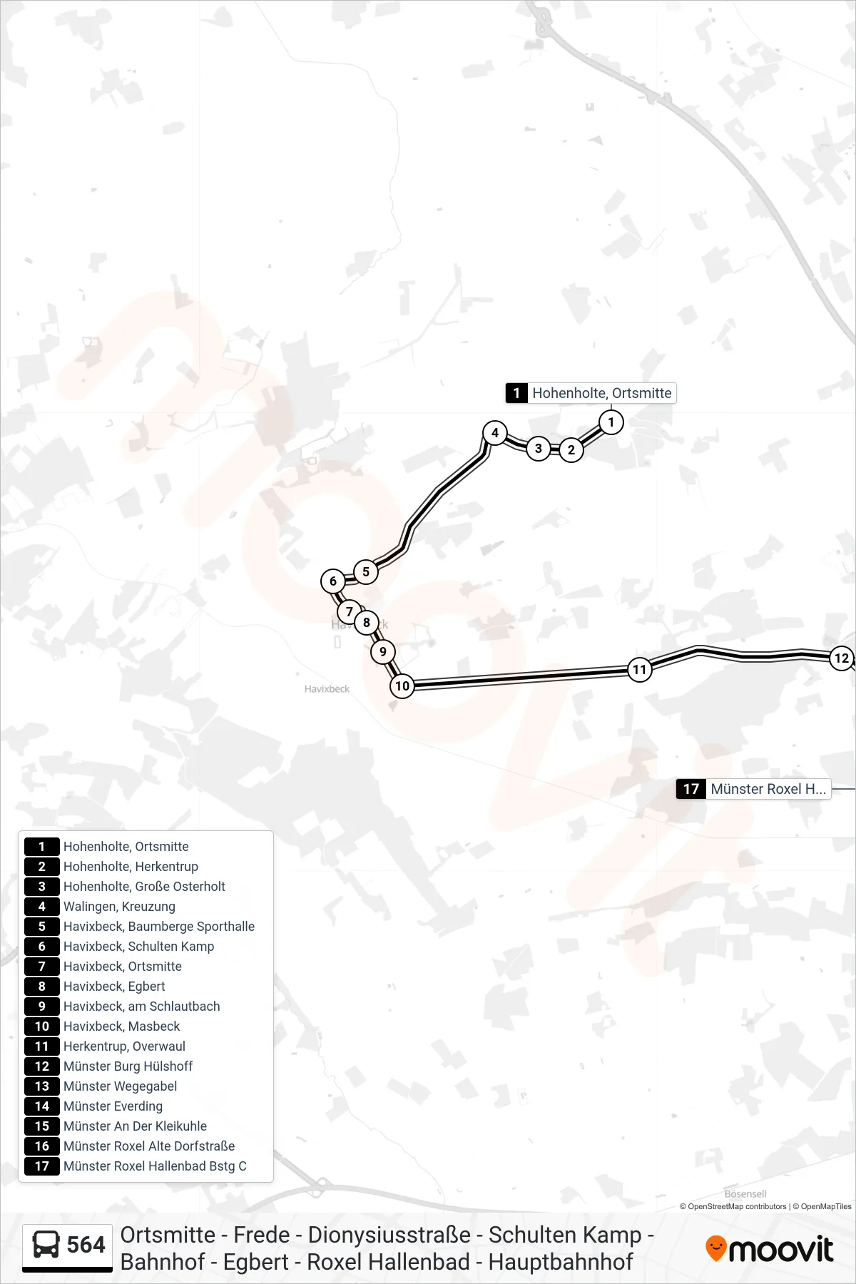 Linie 564 (Bus) Richtung Münster Roxel Hallenbad Bstg C: Route und Haltestellen auf der Karte