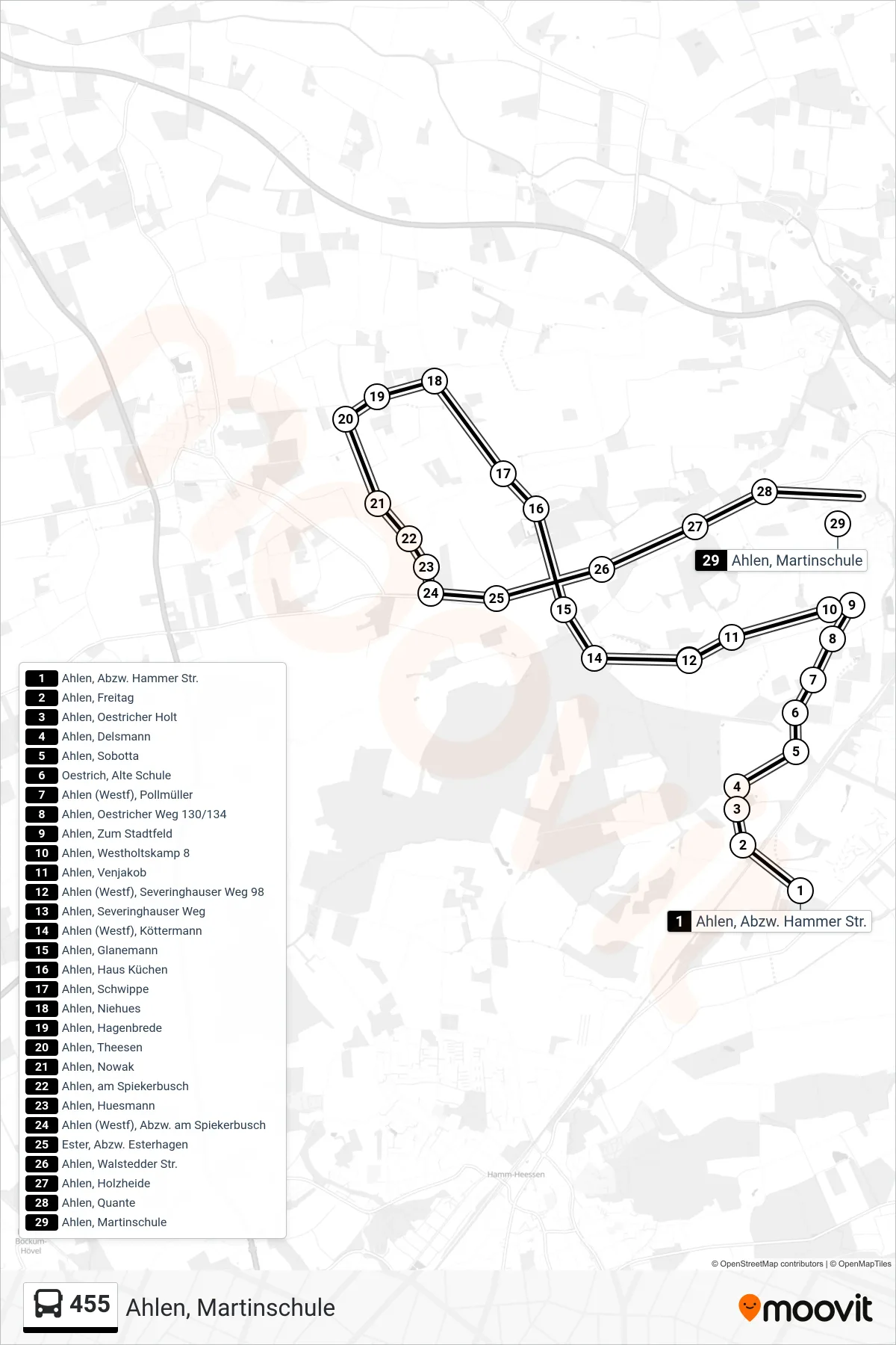 Linie 455 (Bus) Richtung Ahlen, Martinschule: Route und Haltestellen auf der Karte