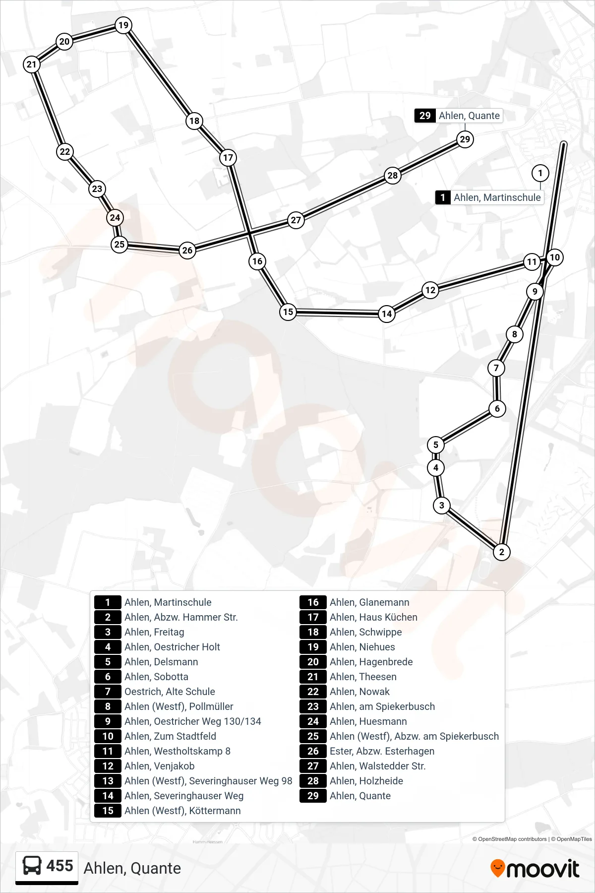 455 bus Line (Ahlen, Quante) route and stops on a map