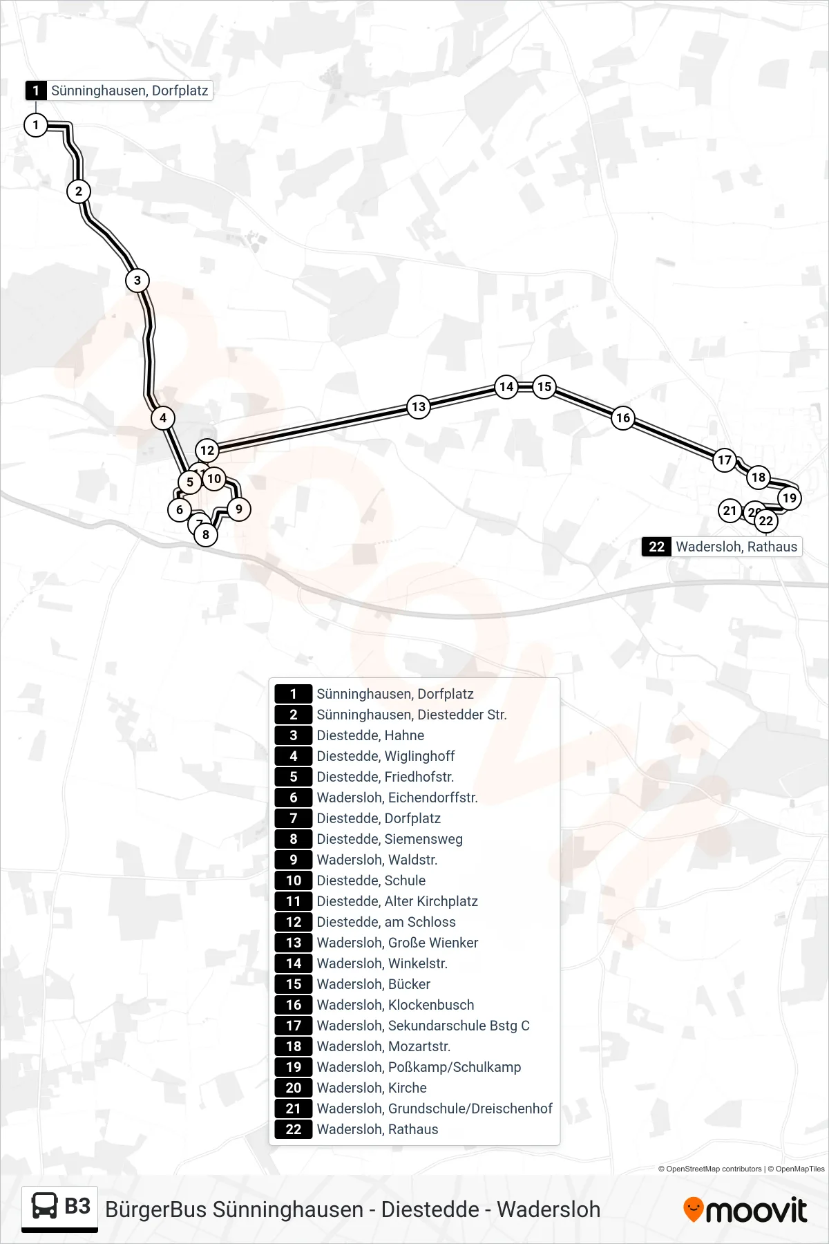 Linie B3 (Bus) Richtung Wadersloh, Rathaus: Route und Haltestellen auf der Karte