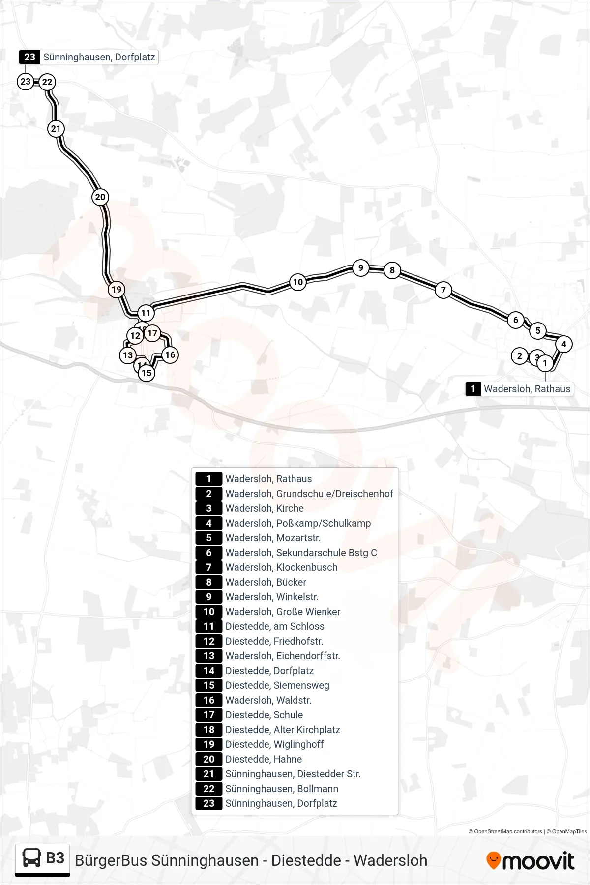 Linie B3 (Bus) Richtung Sünninghausen, Dorfplatz: Route und Haltestellen auf der Karte
