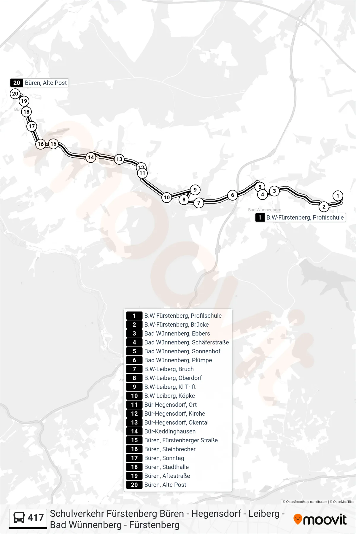 417 bus Line (Büren, Alte Post) route and stops on a map
