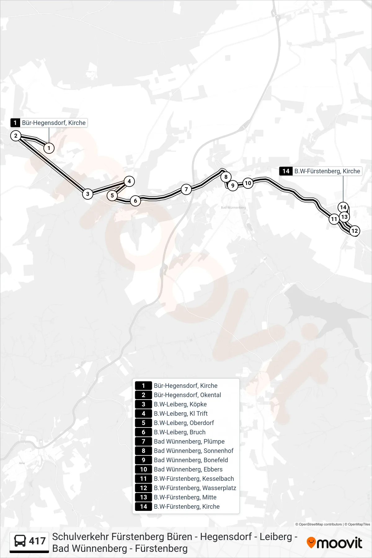 417 bus Line (B.W-Fürstenberg, Kirche) route and stops on a map