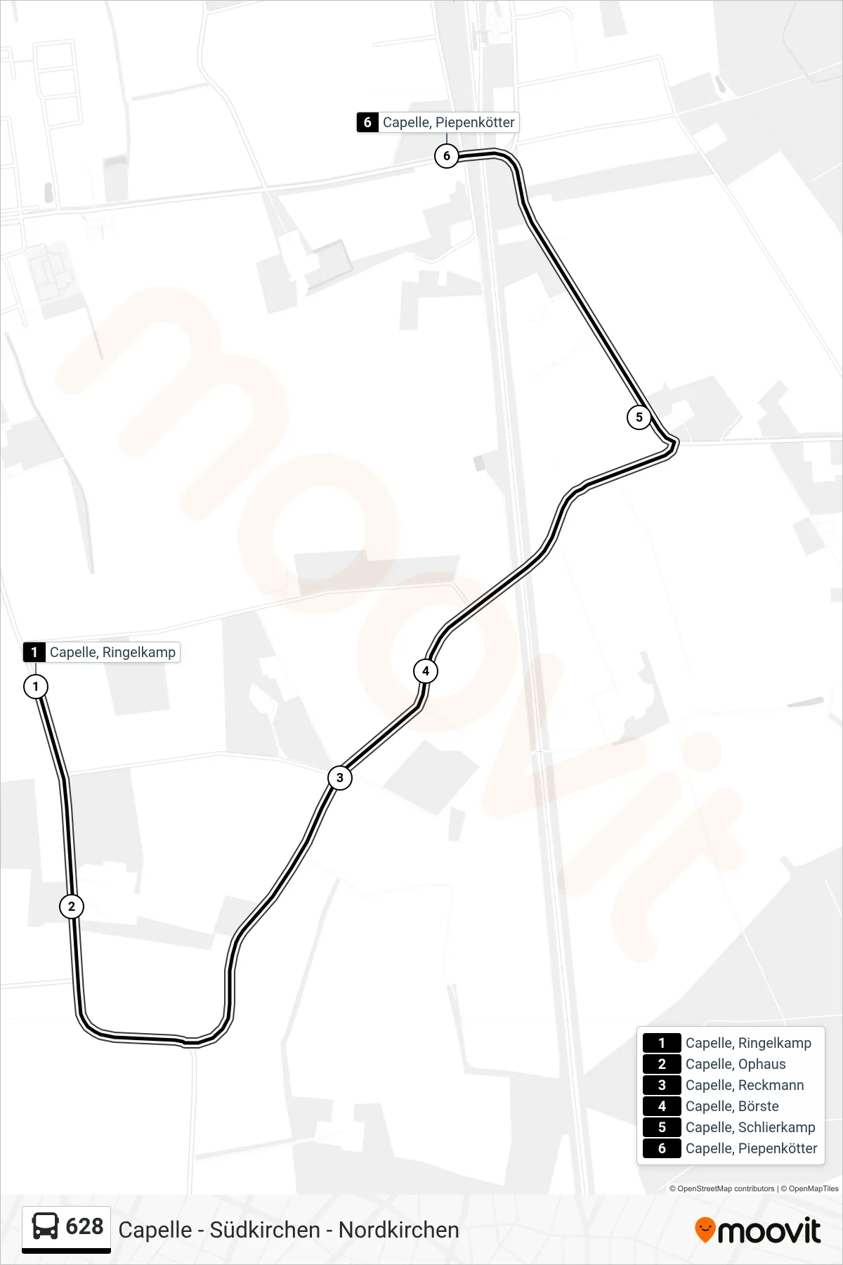 628 bus Line (Capelle, Piepenkötter) route and stops on a map