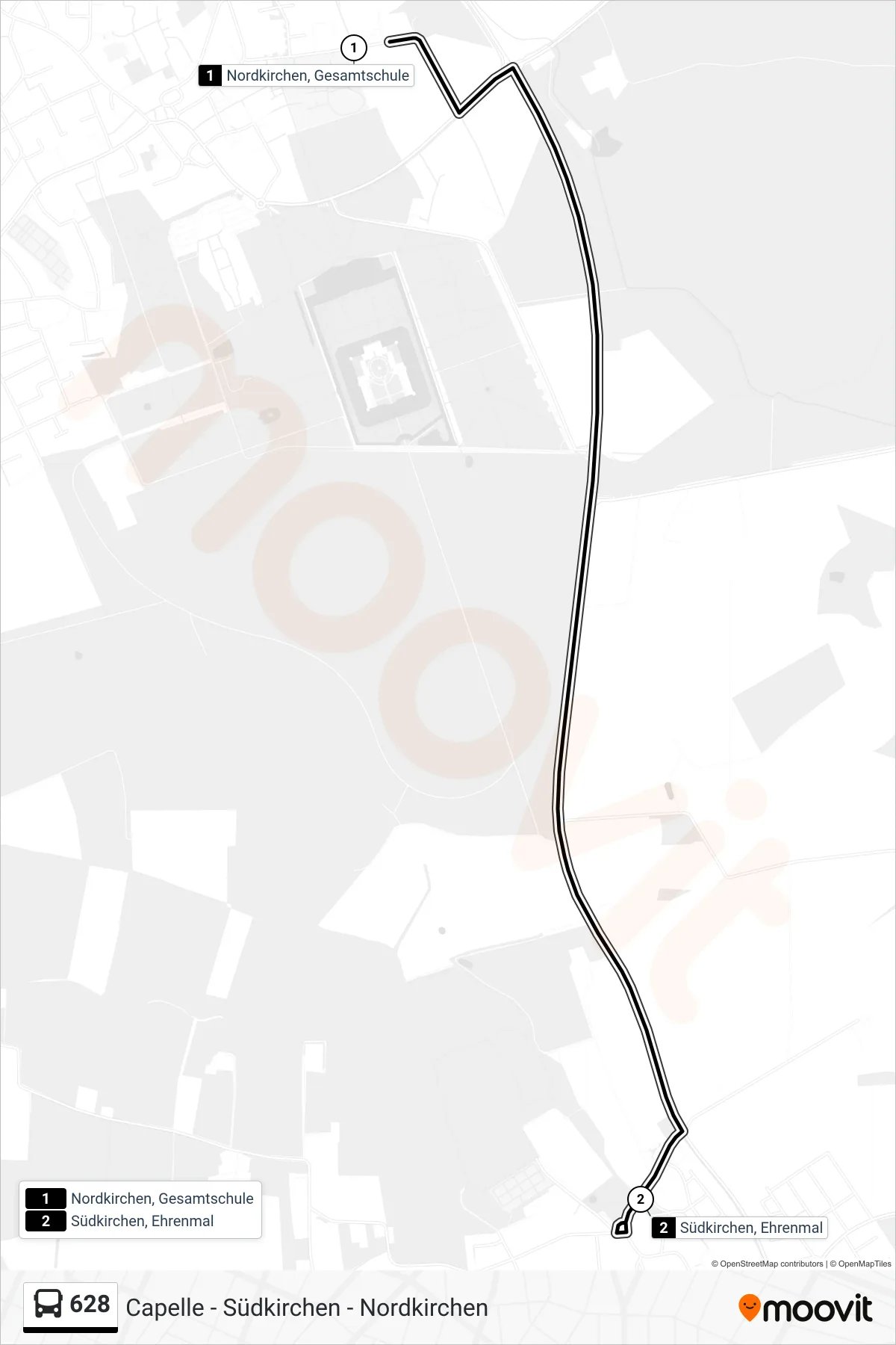 Linie 628 (Bus) Richtung Südkirchen, Ehrenmal: Route und Haltestellen auf der Karte