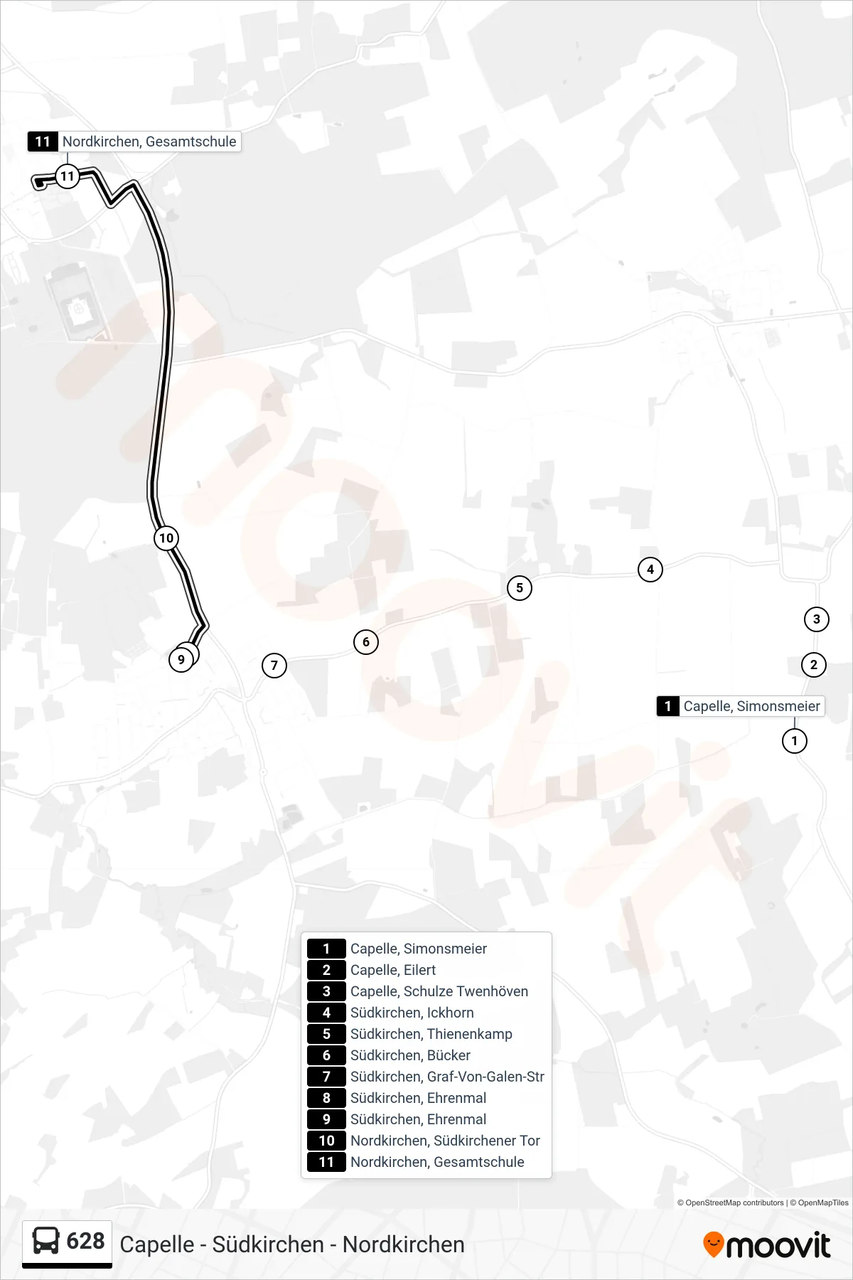 Linie 628 (Bus) Richtung Nordkirchen, Gesamtschule: Route und Haltestellen auf der Karte
